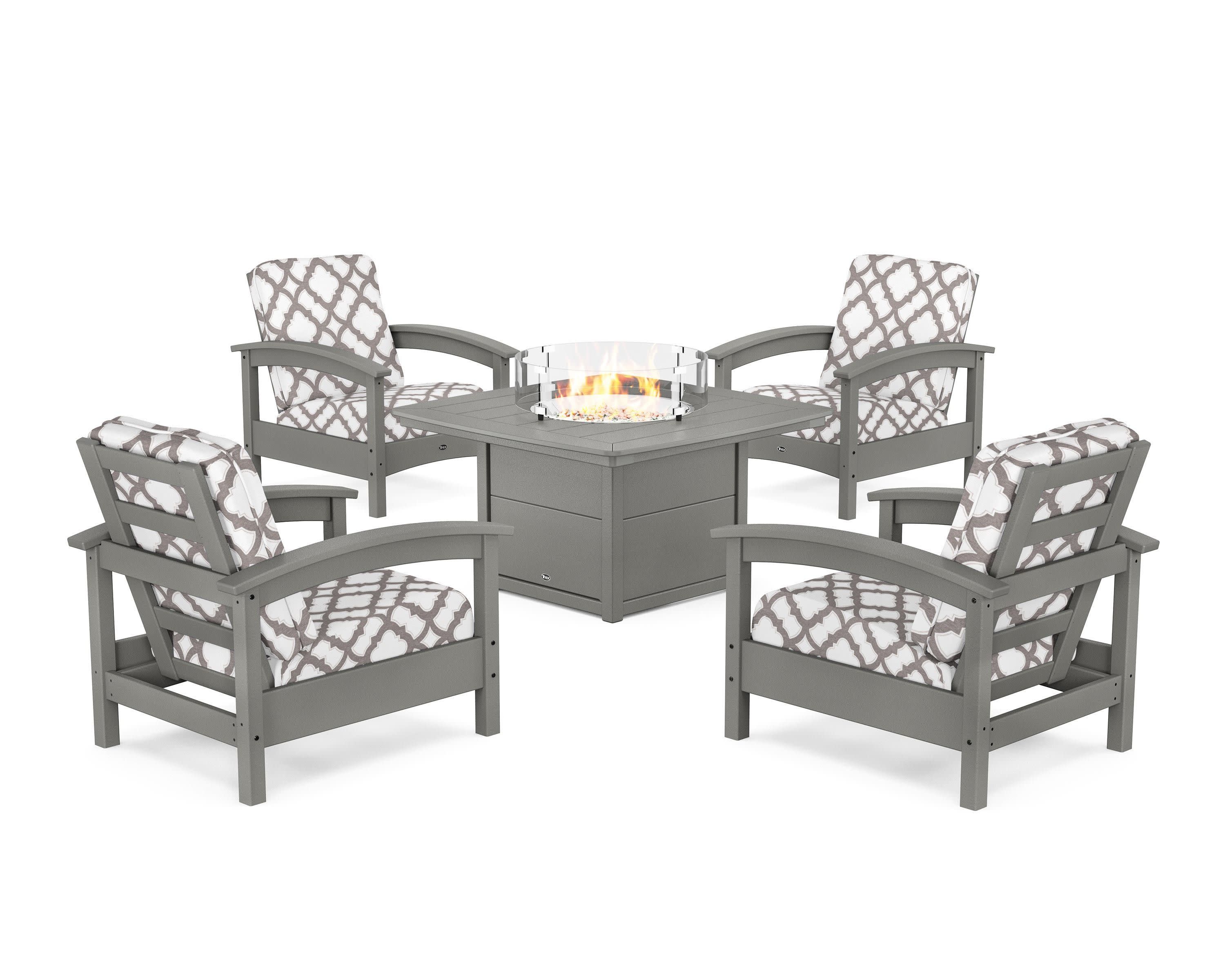Rockport 5-Piece Deep Seating Set with Yacht Club Fire Pit Table in Stepping Stone / Trellis Grey Mist