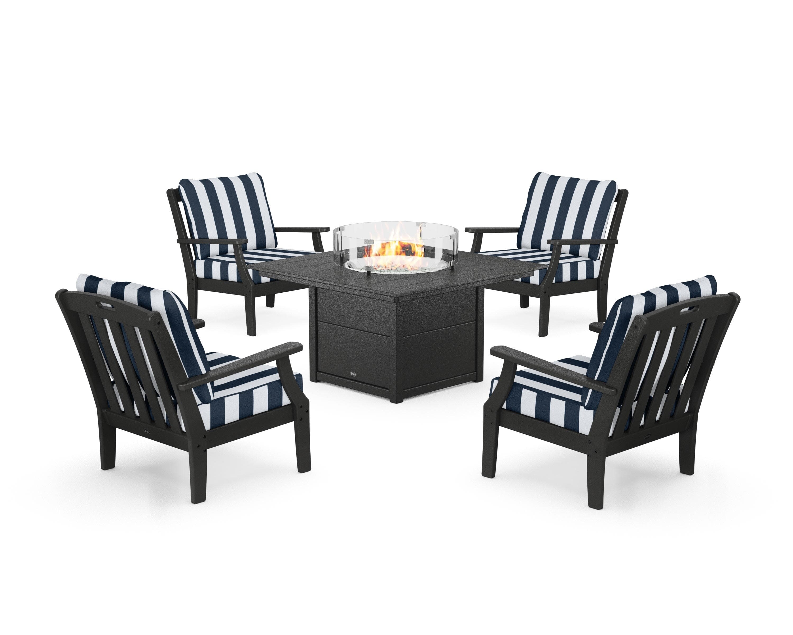 Yacht Club 5-Piece Deep Seating Set with Square Fire Pit Table in Charcoal Black / Cabana Stripe Marine Indigo