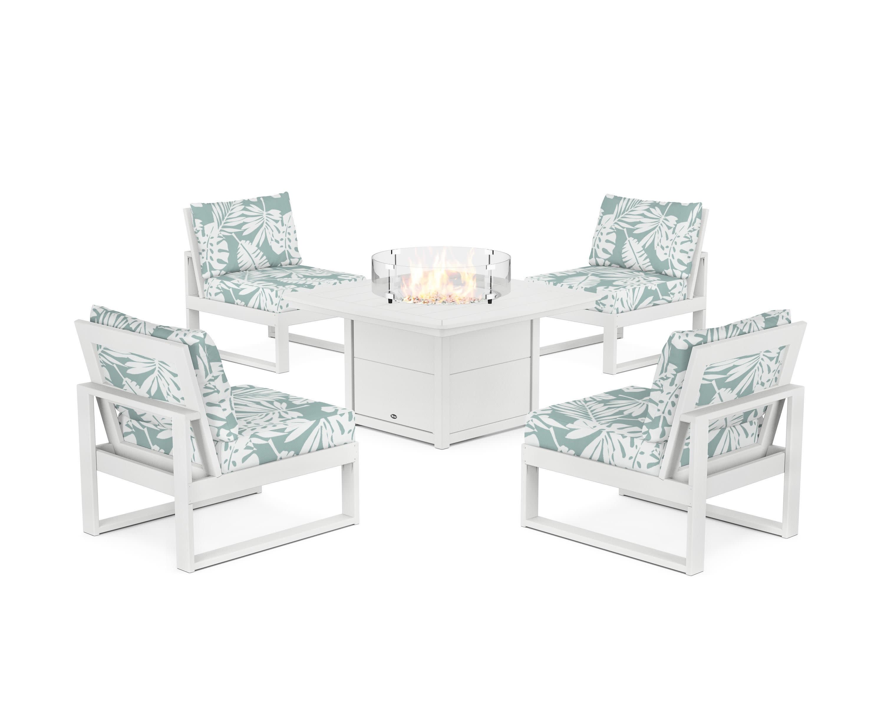 Eastport Modular 5-Piece Deep Seating Set with Yacht Club Fire Pit Table in Classic White / Leaf Glacier Spa