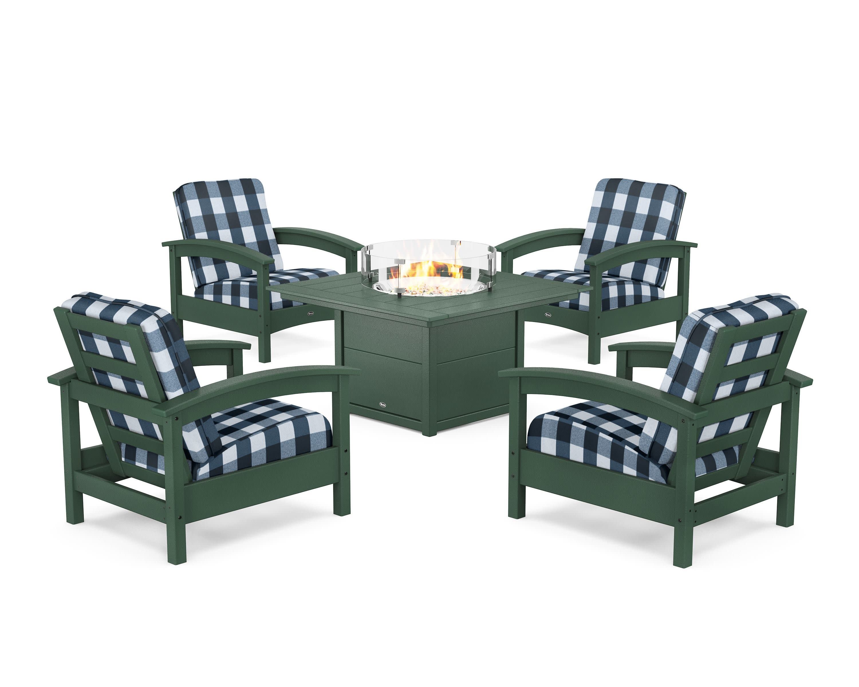 Rockport 5-Piece Deep Seating Set with Square Fire Pit Table in Rainforest Canopy / Buffalo Plaid Marine Indigo