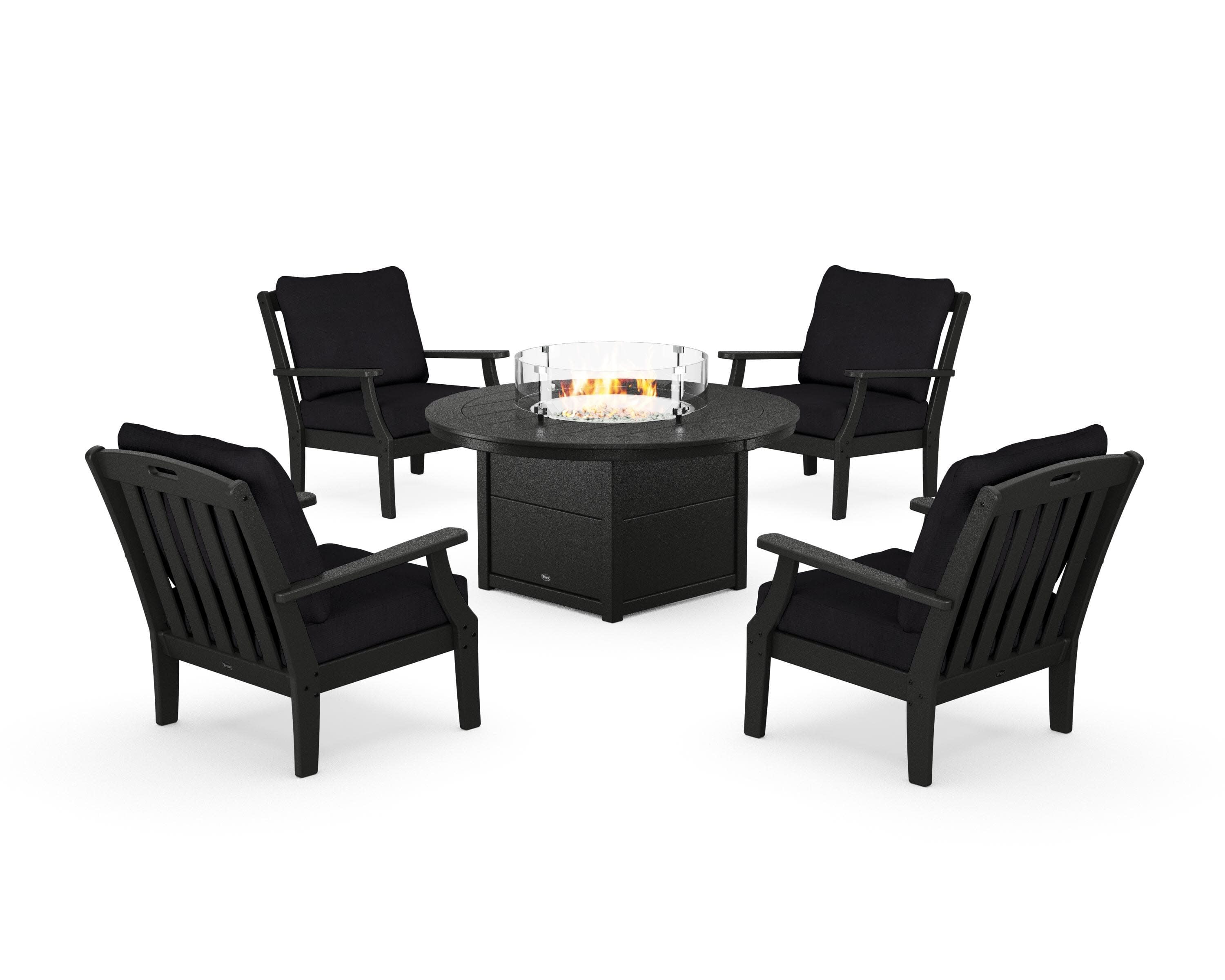 Yacht Club 5-Piece Deep Seating Set with Round Fire Pit Table in Charcoal Black / Midnight Linen
