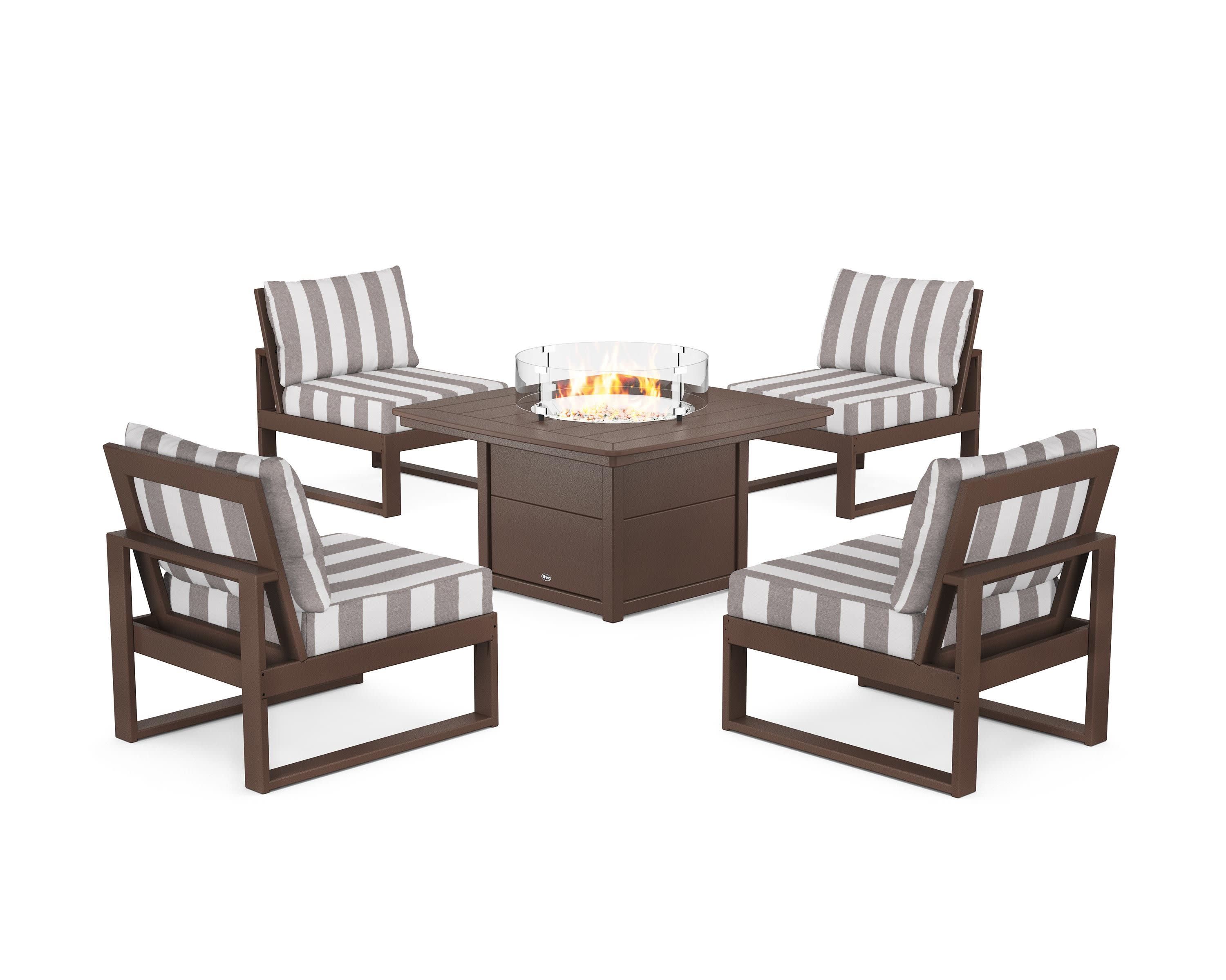 Eastport Modular 5-Piece Deep Seating Set with Yacht Club Fire Pit Table in Vintage Lantern / Cabana Stripe Grey Mist