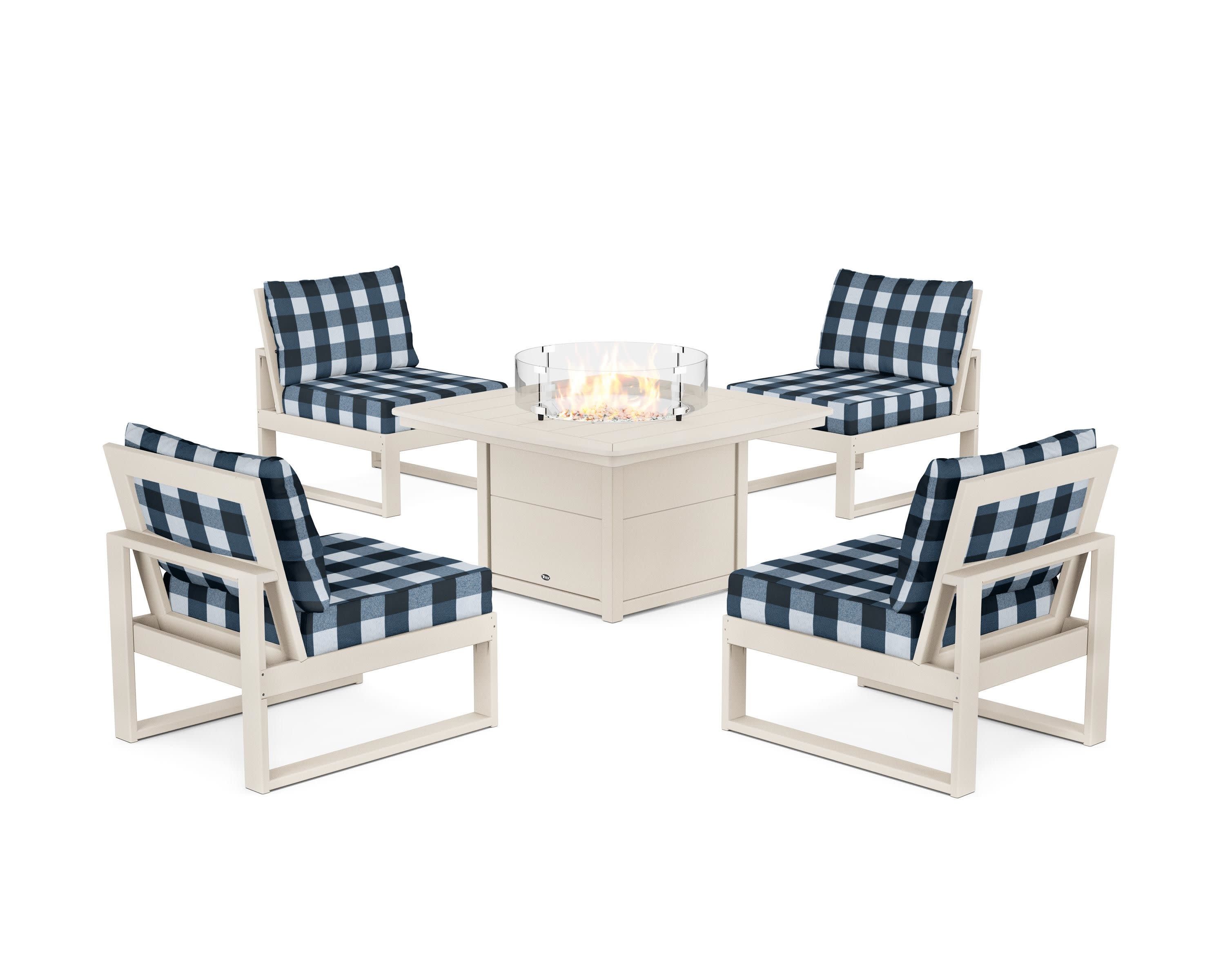 Eastport Modular 5-Piece Deep Seating Set with Yacht Club Fire Pit Table in Sand Castle / Buffalo Plaid Marine Indigo
