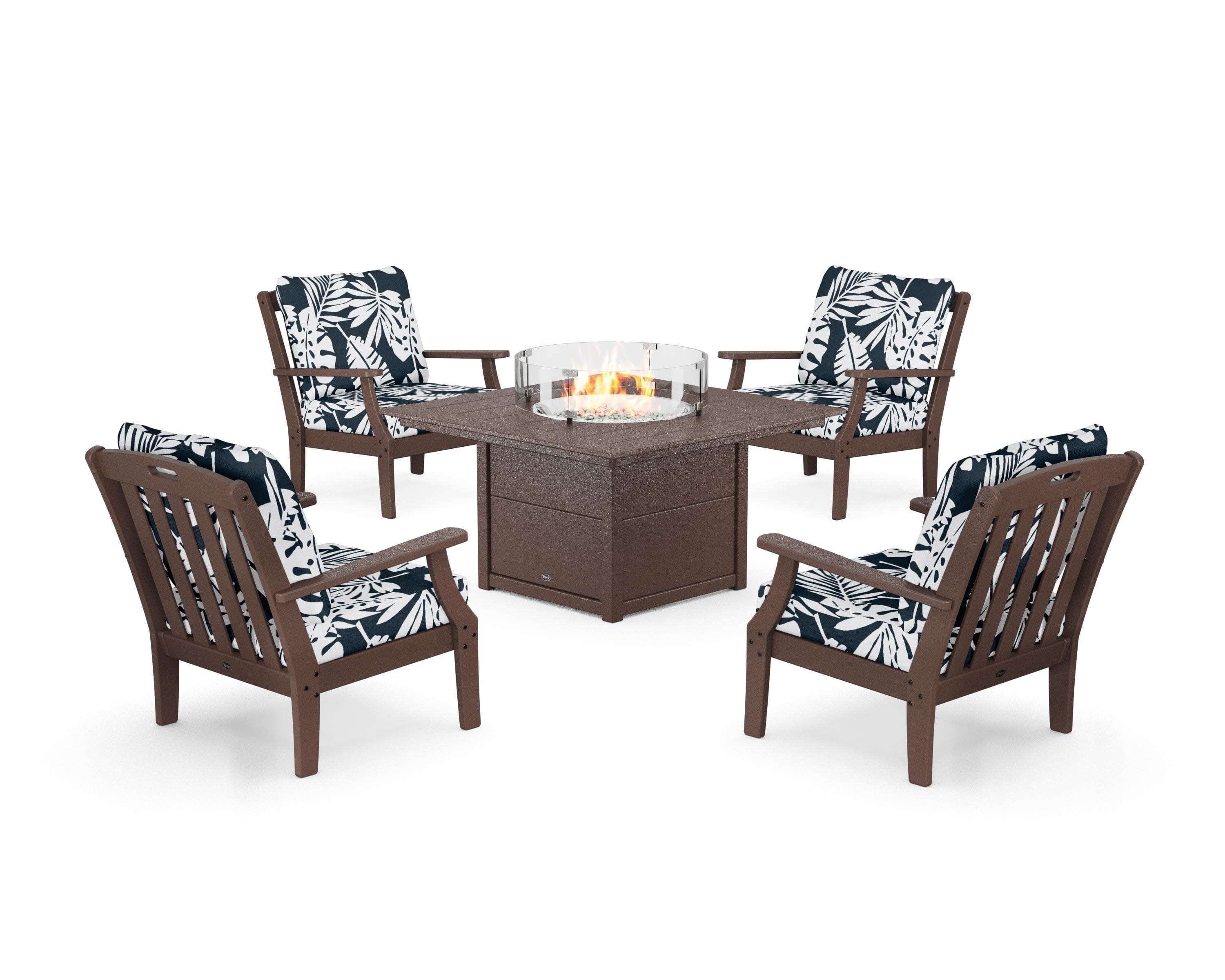 Yacht Club 5-Piece Deep Seating Set with Square Fire Pit Table in Vintage Lantern / Leaf Marine Indigo