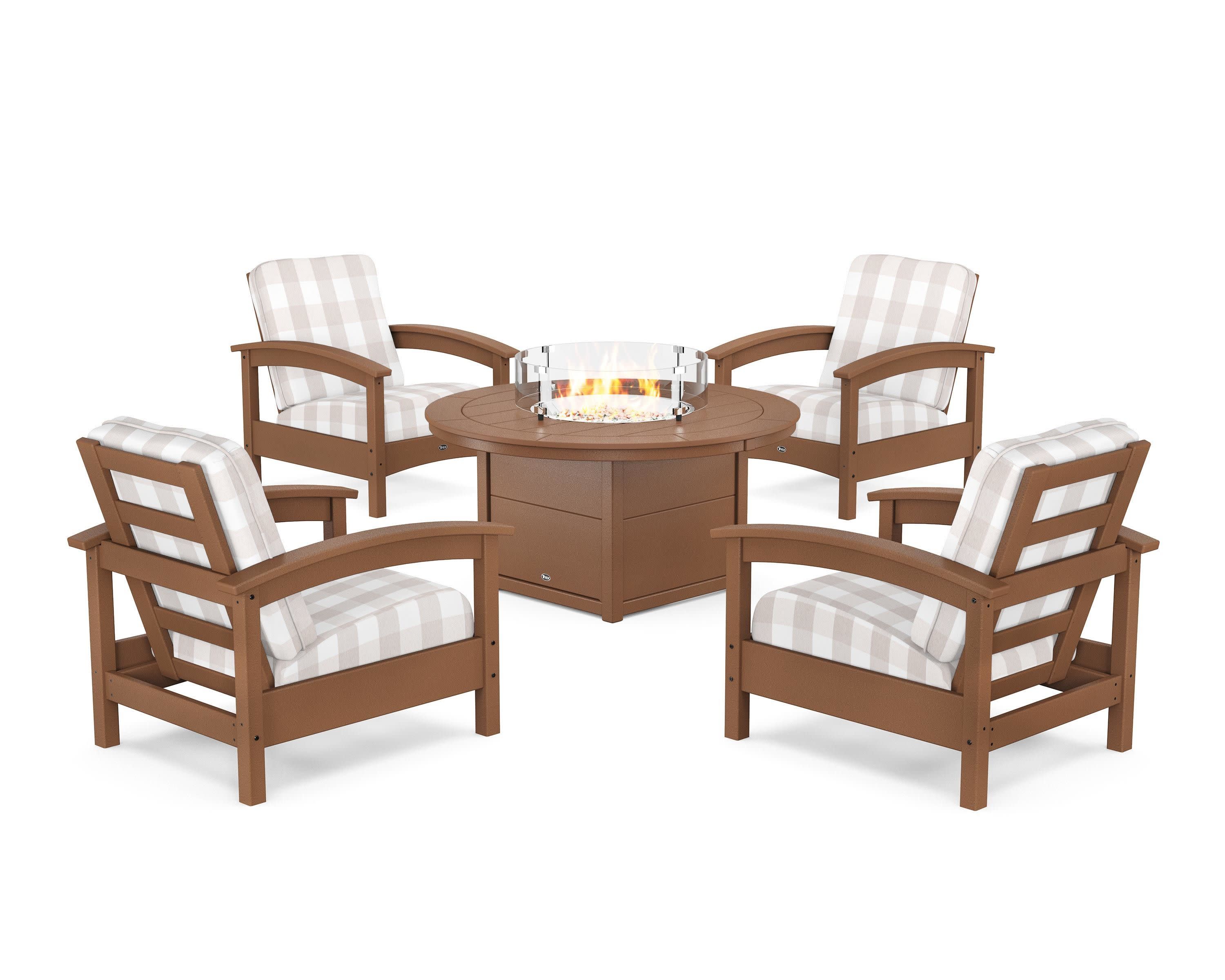 Rockport 5-Piece Deep Seating Set with Round Fire Pit Table in Tree House / Buffalo Plaid Dune Burlap