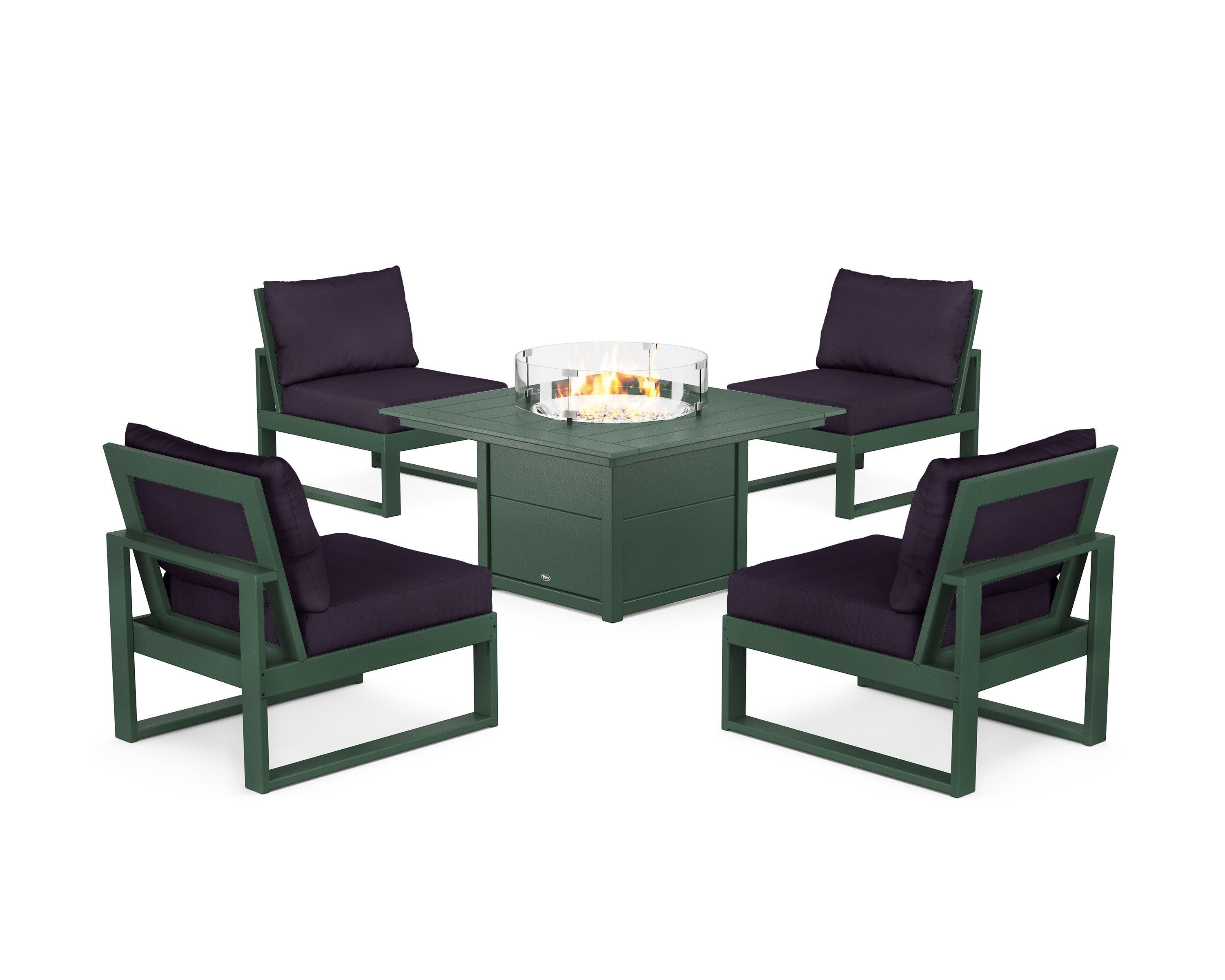 Eastport Modular 5-Piece Deep Seating Set with Square Fire Pit Table in Rainforest Canopy / Navy Linen