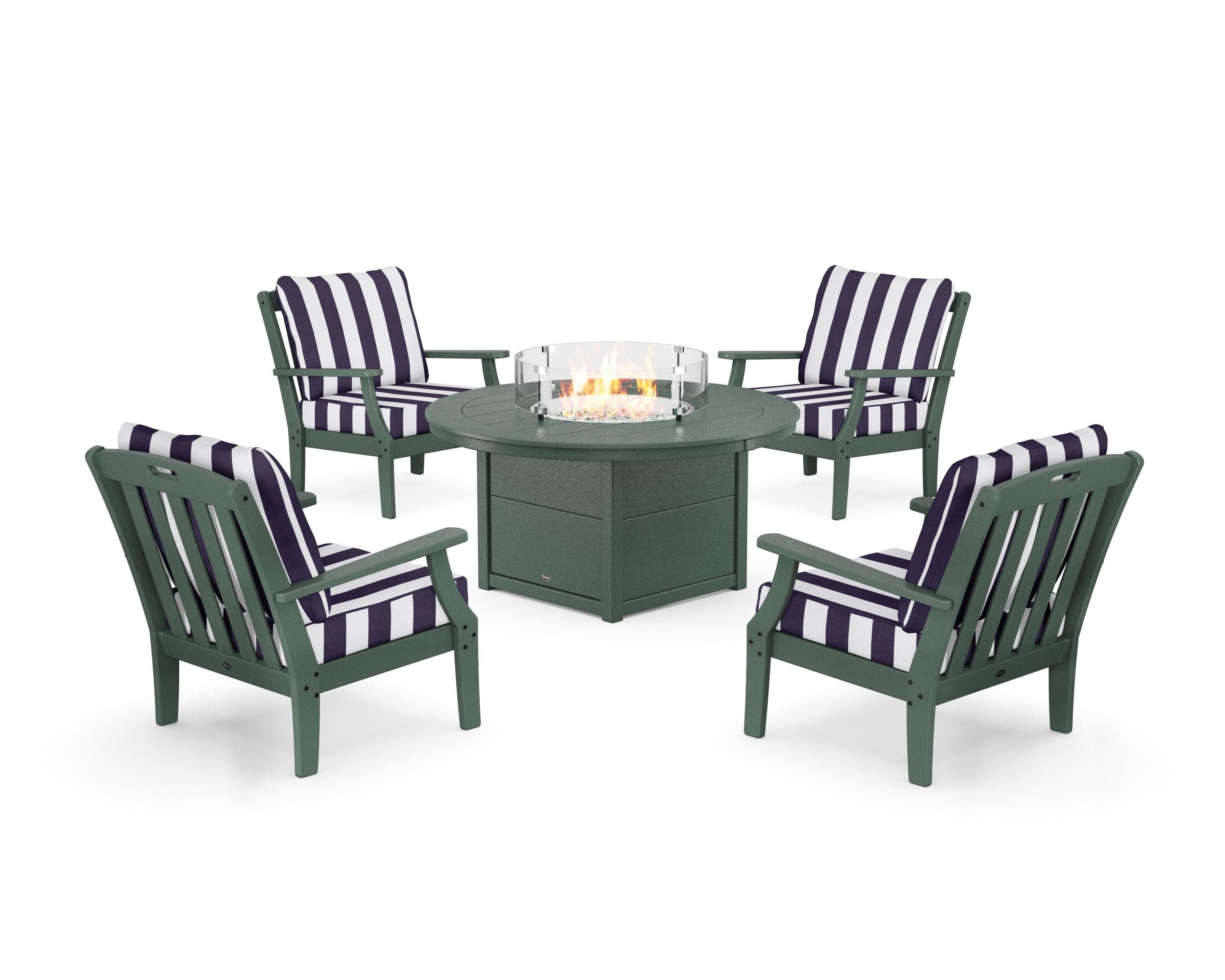 Yacht Club 5-Piece Deep Seating Set with Round Fire Pit Table in Rainforest Canopy / Cabana Stripe Navy