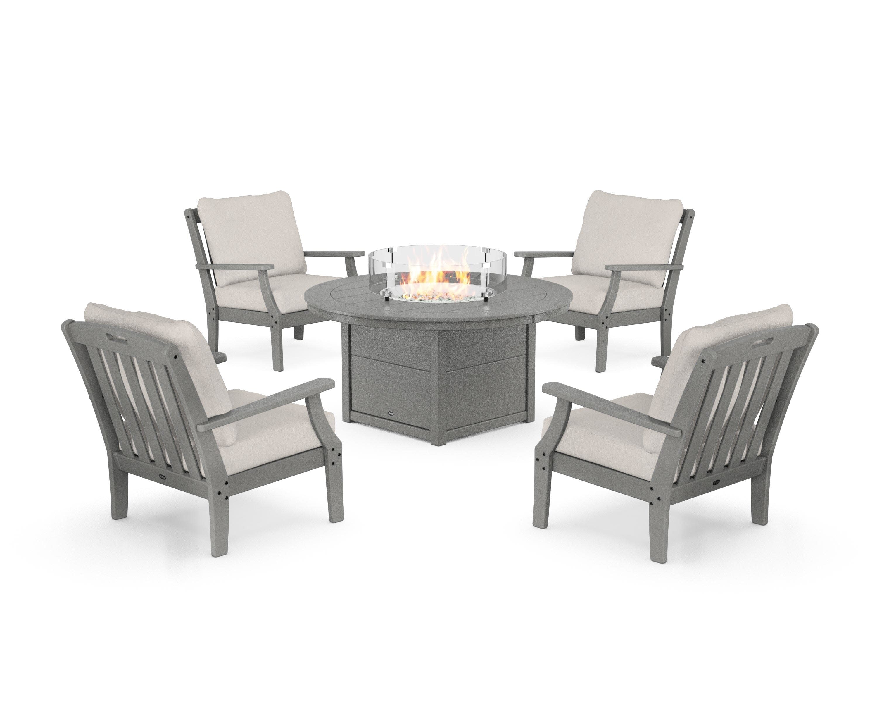 Yacht Club 5-Piece Deep Seating Set with Round Fire Pit Table in Stepping Stone / Cast Ash