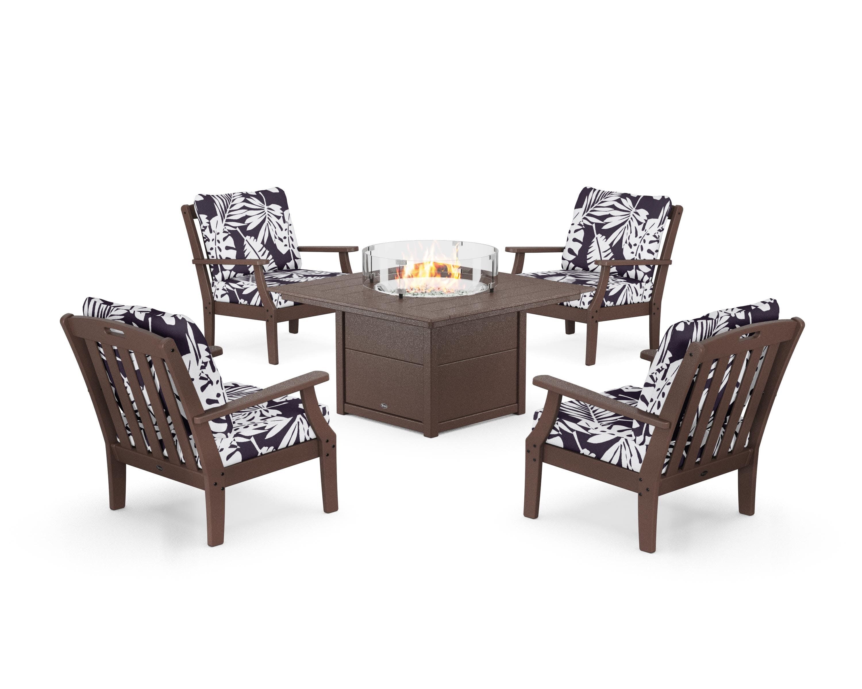 Yacht Club 5-Piece Deep Seating Set with Square Fire Pit Table in Vintage Lantern / Leaf Navy