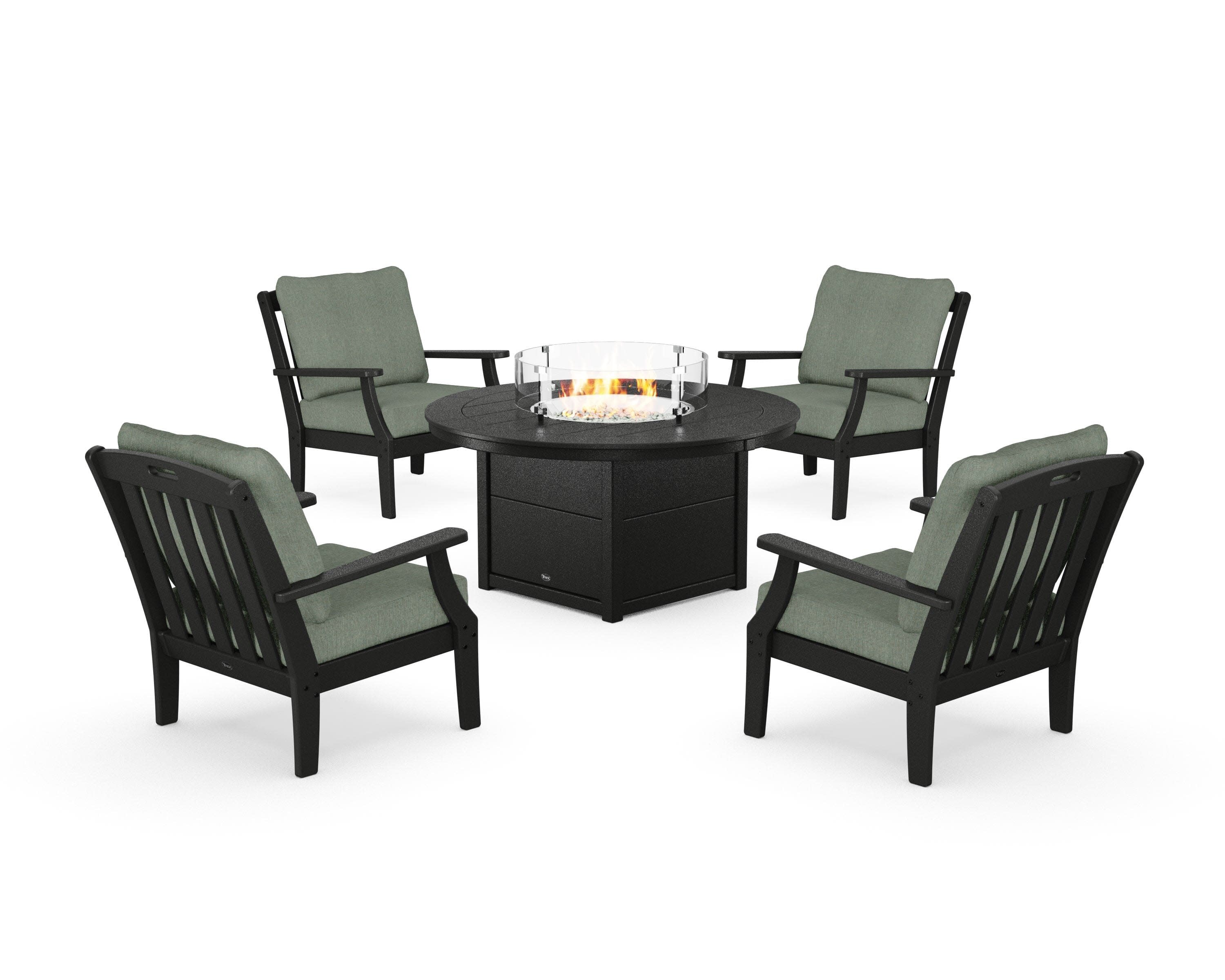 Yacht Club 5-Piece Deep Seating Set with Round Fire Pit Table in Charcoal Black / Cast Sage