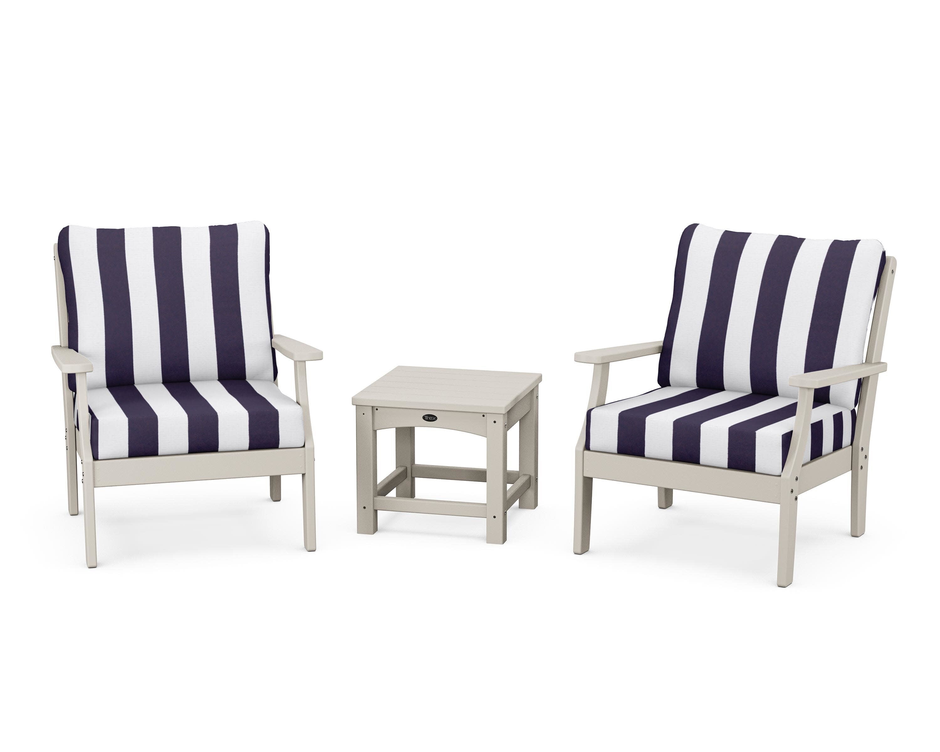Yacht Club 3-Piece Deep Seating Set in Sand Castle / Cabana Stripe Navy