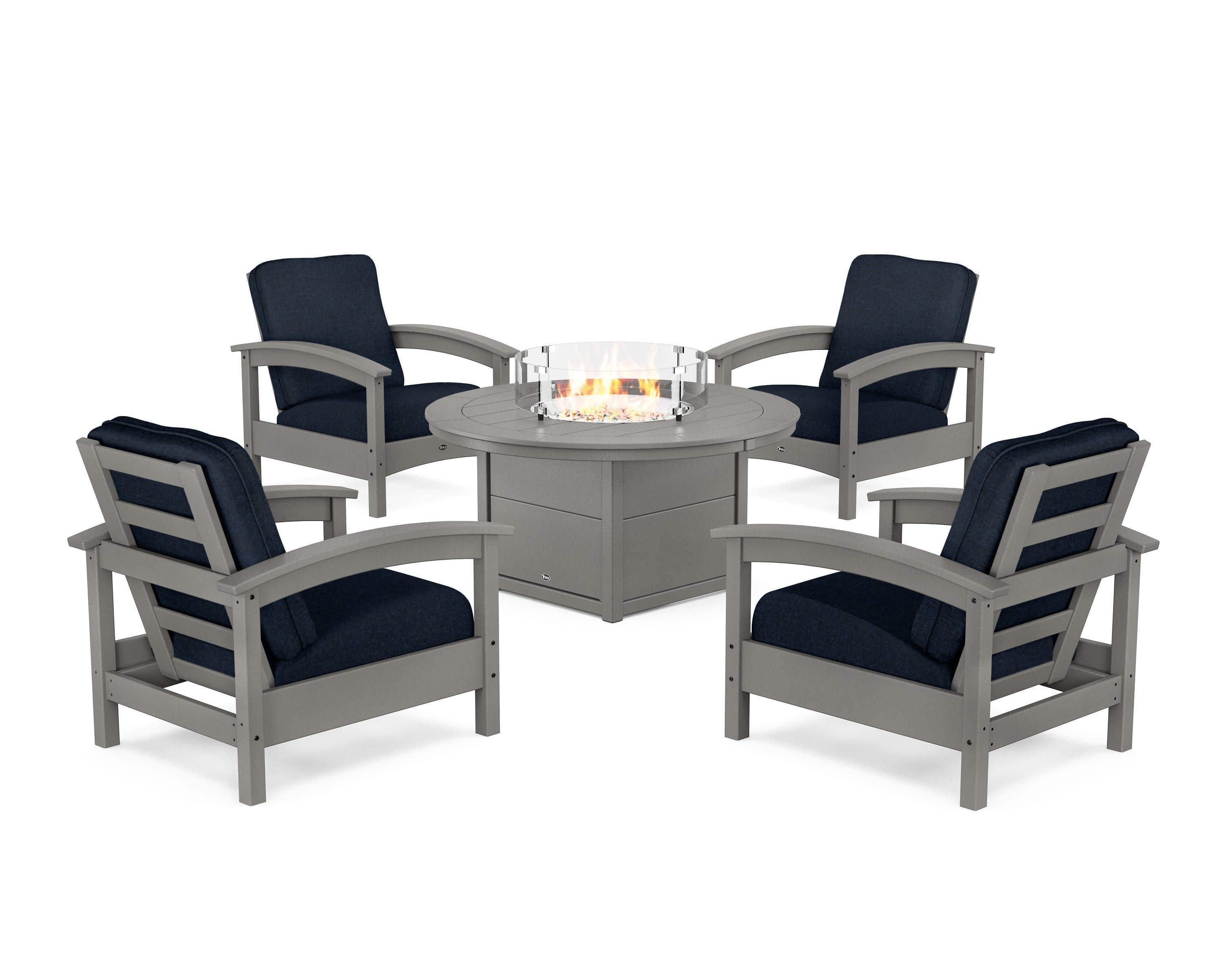 Rockport 5-Piece Deep Seating Set with Round Fire Pit Table in Stepping Stone / Marine Indigo
