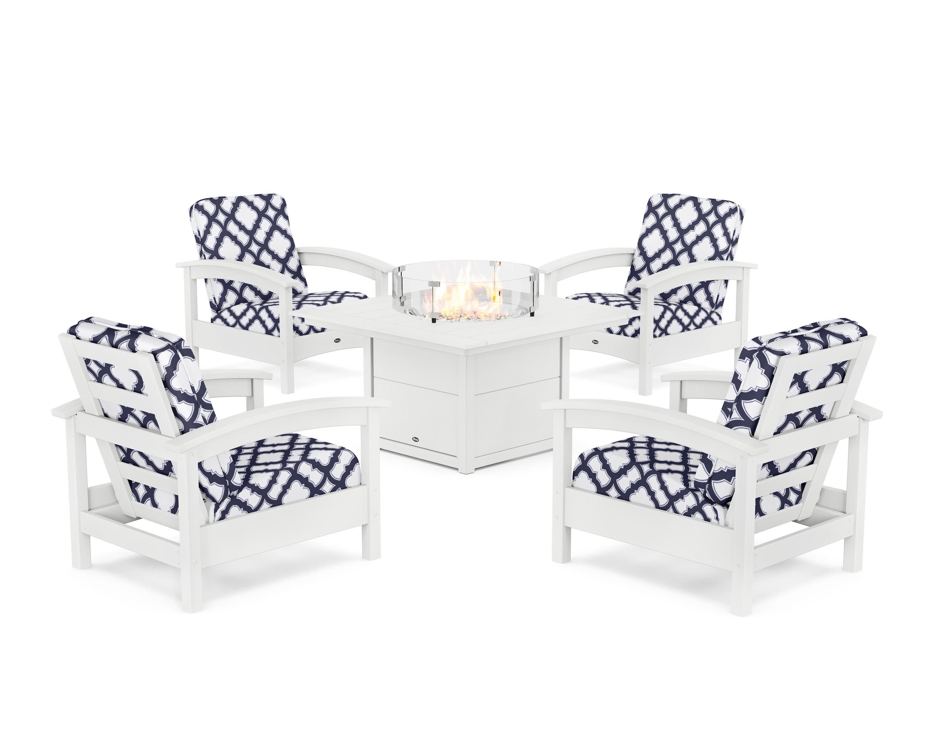Rockport 5-Piece Deep Seating Set with Square Fire Pit Table in Classic White / Trellis Navy
