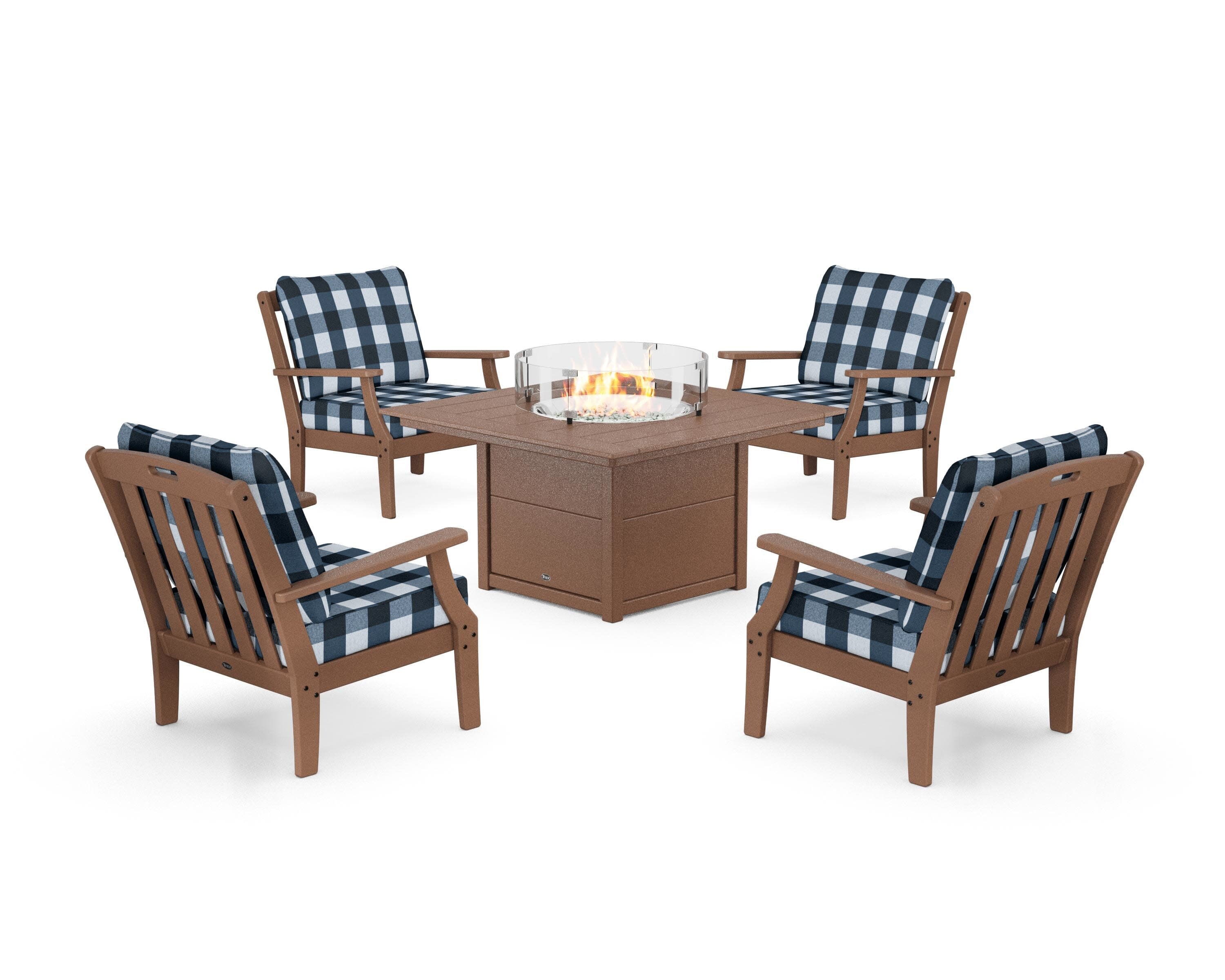 Yacht Club 5-Piece Deep Seating Set with Square Fire Pit Table in Tree House / Buffalo Plaid Marine Indigo