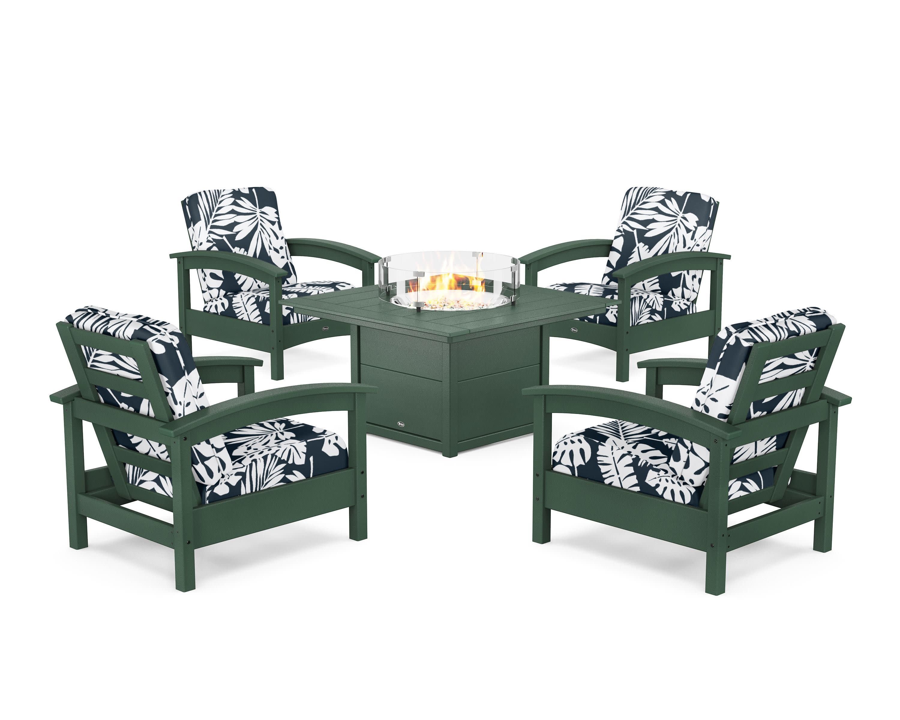 Rockport 5-Piece Deep Seating Set with Square Fire Pit Table in Rainforest Canopy / Leaf Marine Indigo