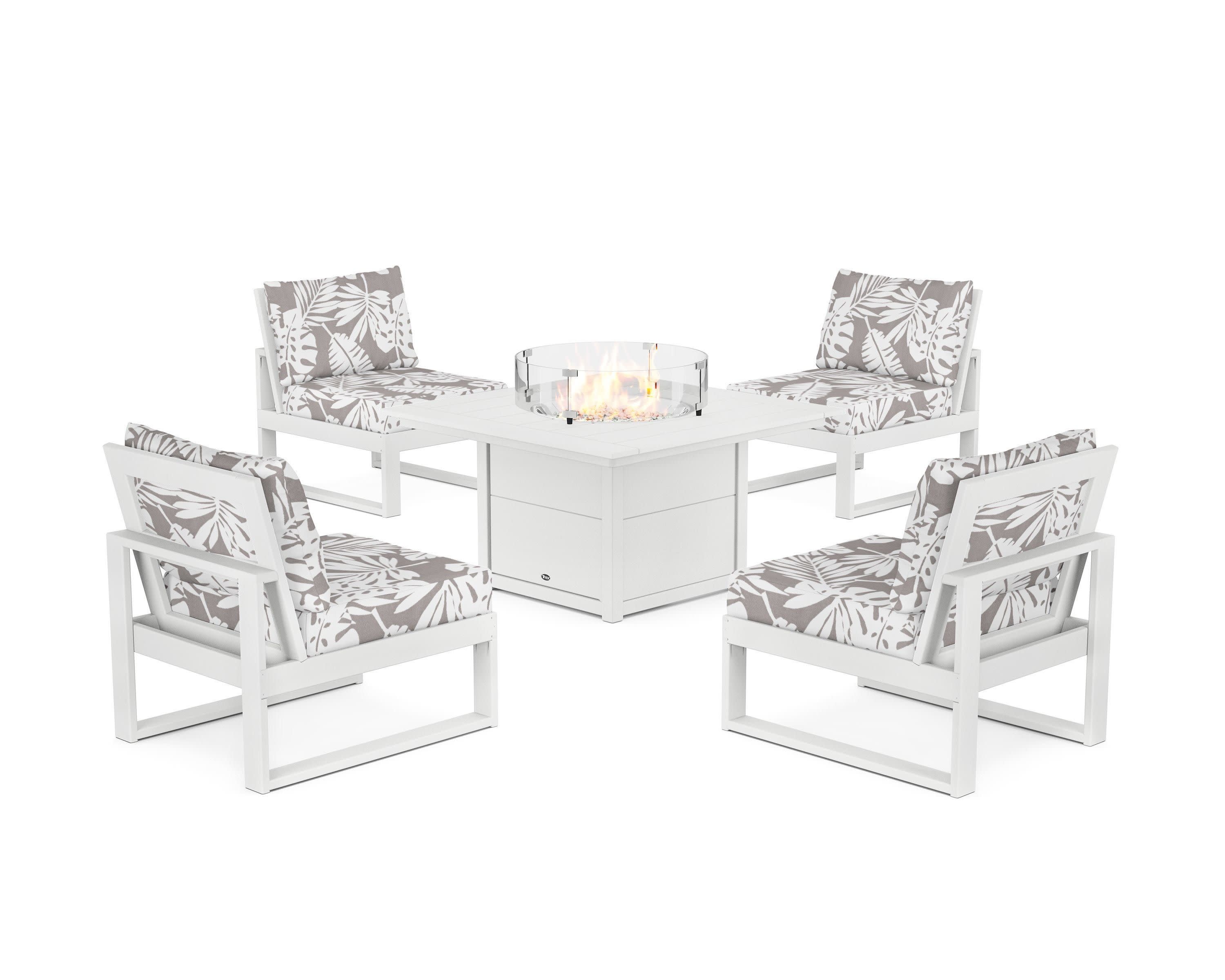 Eastport Modular 5-Piece Deep Seating Set with Square Fire Pit Table in Classic White / Leaf Grey Mist
