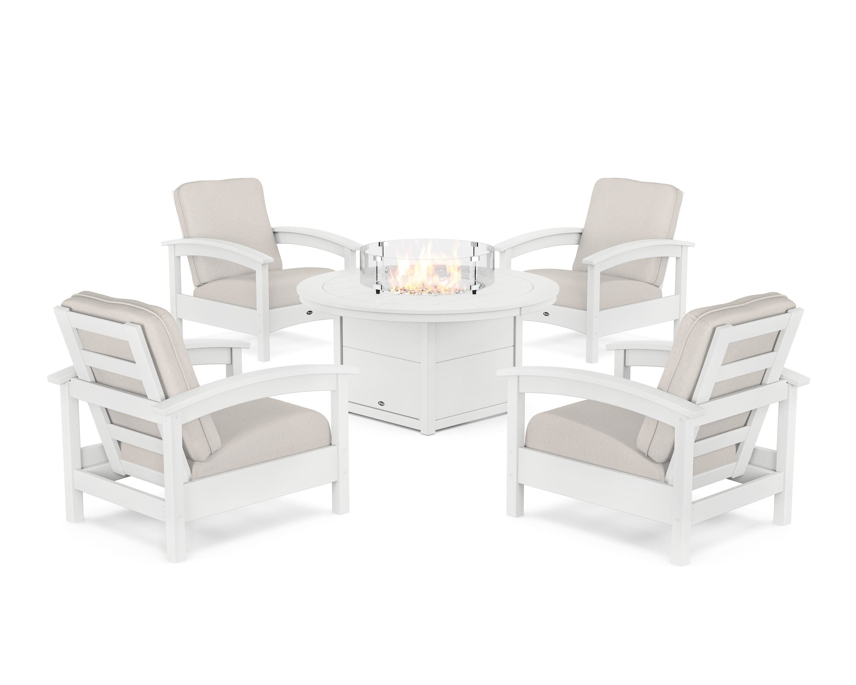 Rockport 5-Piece Deep Seating Set with Round Fire Pit Table in Classic White / Cast Ash
