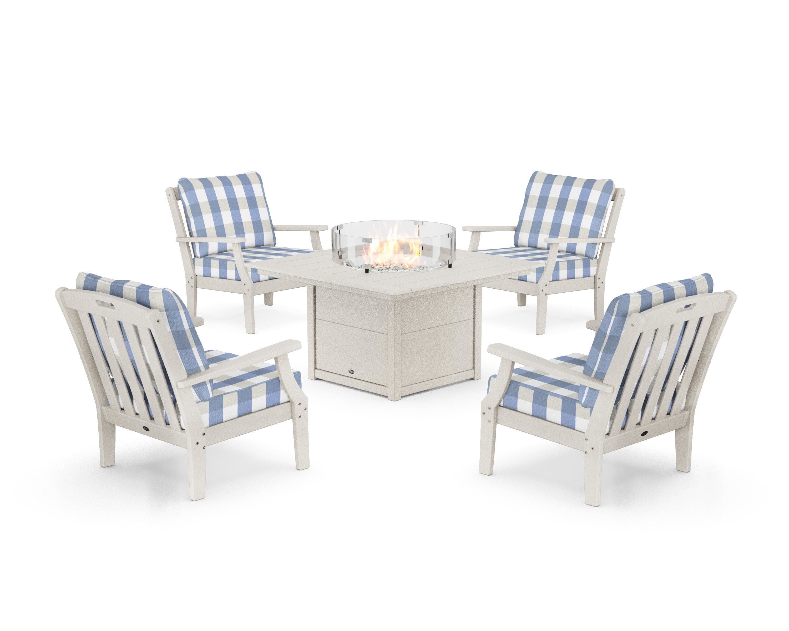 Yacht Club 5-Piece Deep Seating Set with Square Fire Pit Table in Sand Castle / Buffalo Plaid Sky Blue