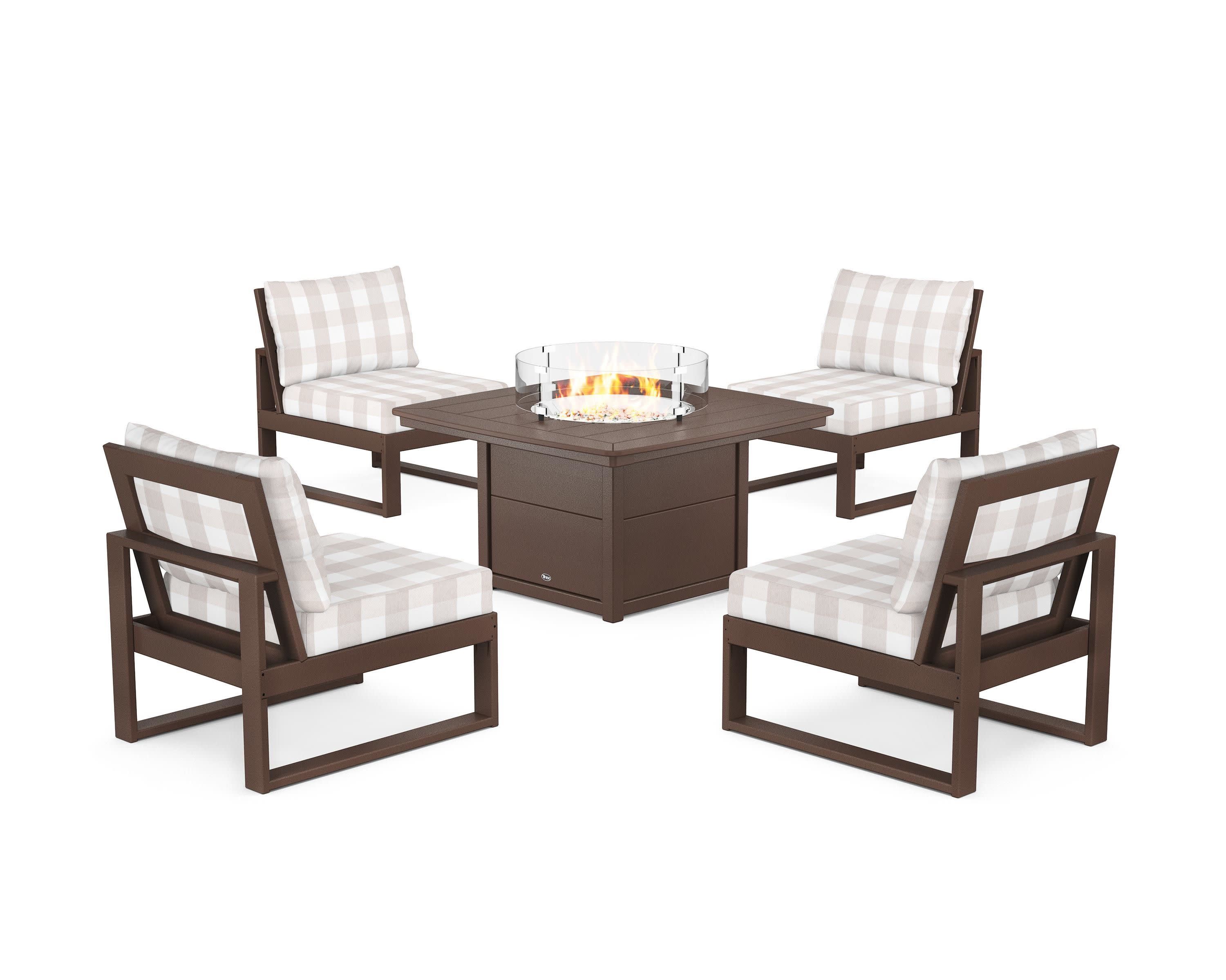 Eastport Modular 5-Piece Deep Seating Set with Yacht Club Fire Pit Table in Vintage Lantern / Buffalo Plaid Dune Burlap