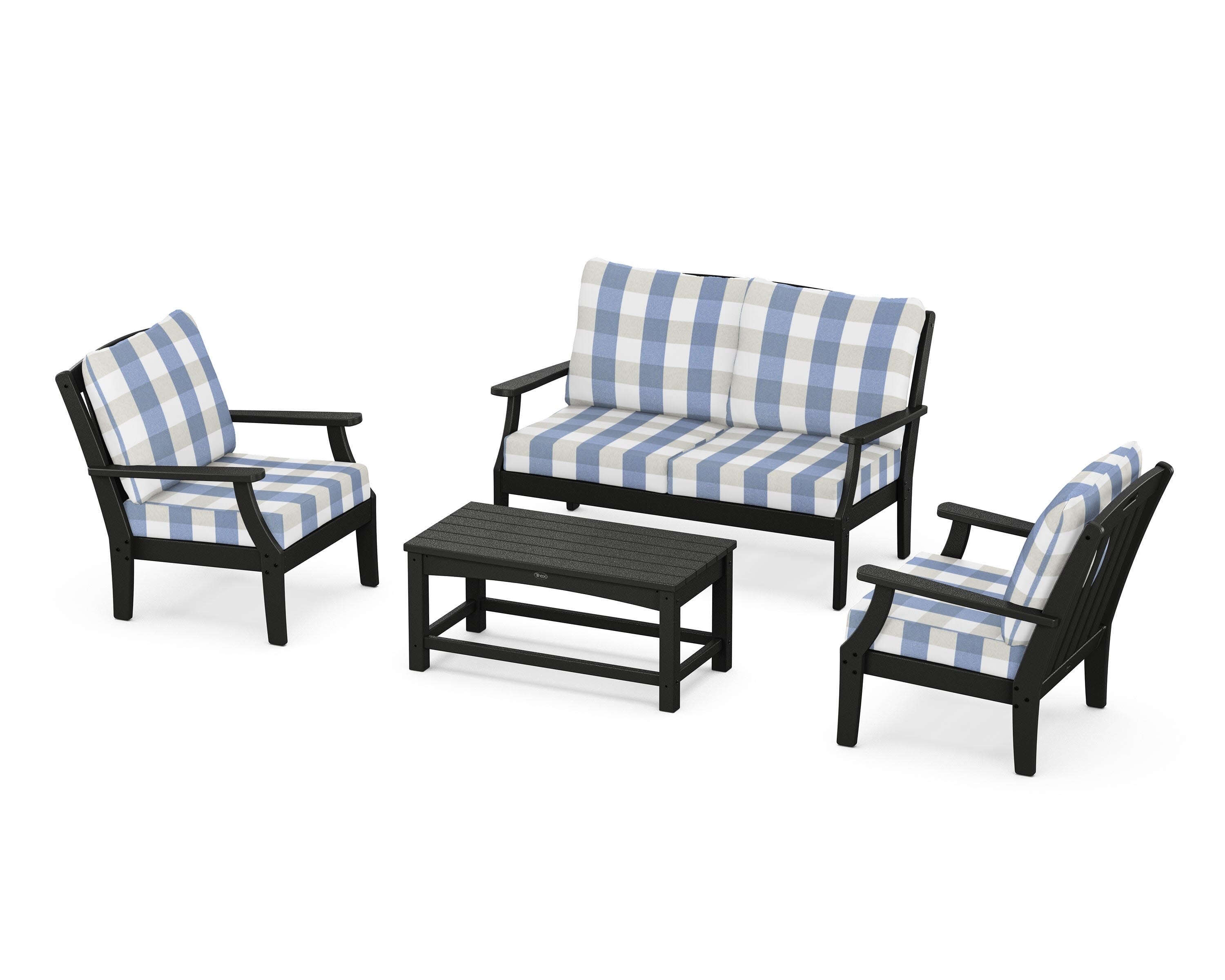 Yacht Club 4-Piece Deep Seating Chair Set in Charcoal Black / Buffalo Plaid Sky Blue