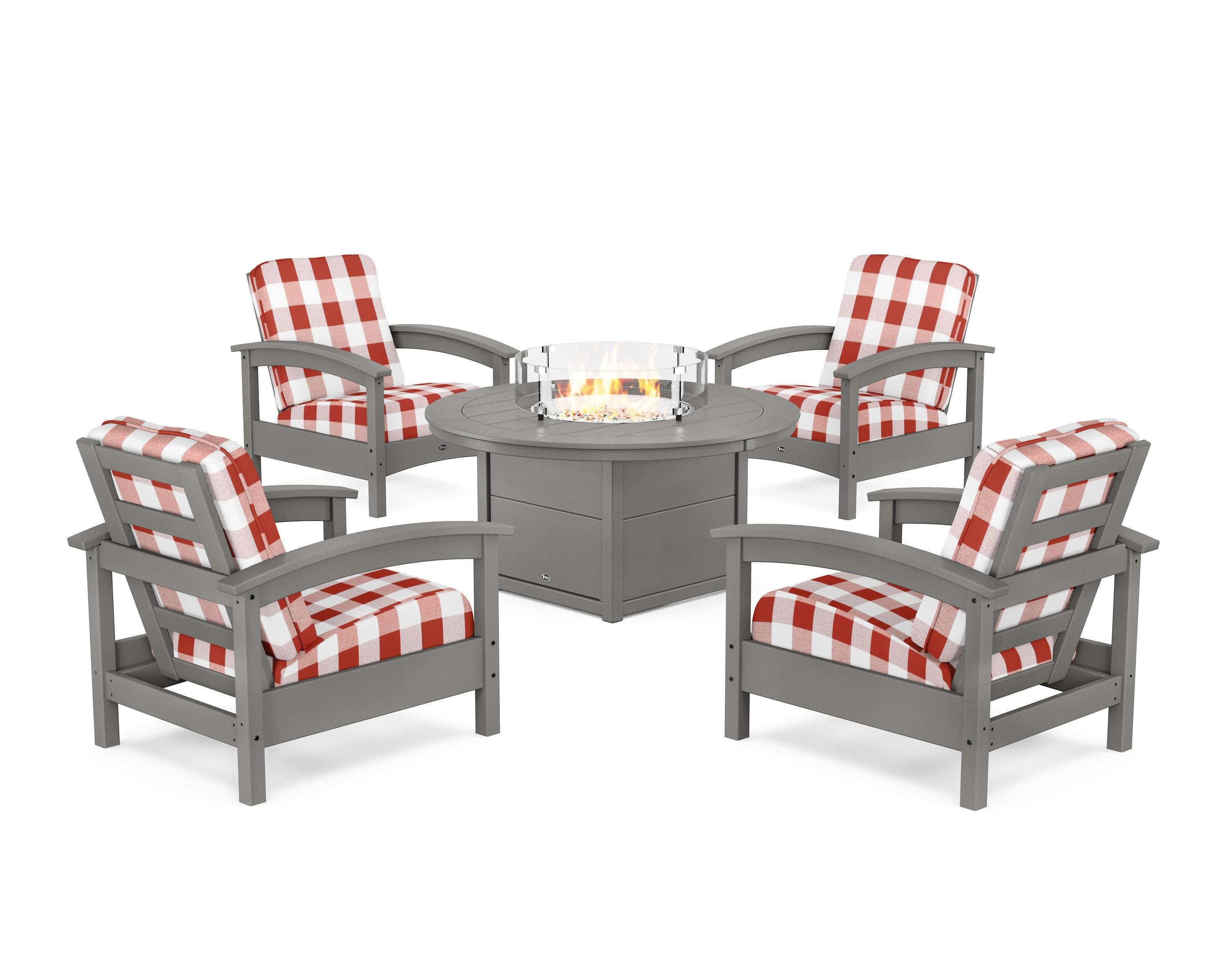 Rockport 5-Piece Deep Seating Set with Round Fire Pit Table in Stepping Stone / Buffalo Plaid Crimson