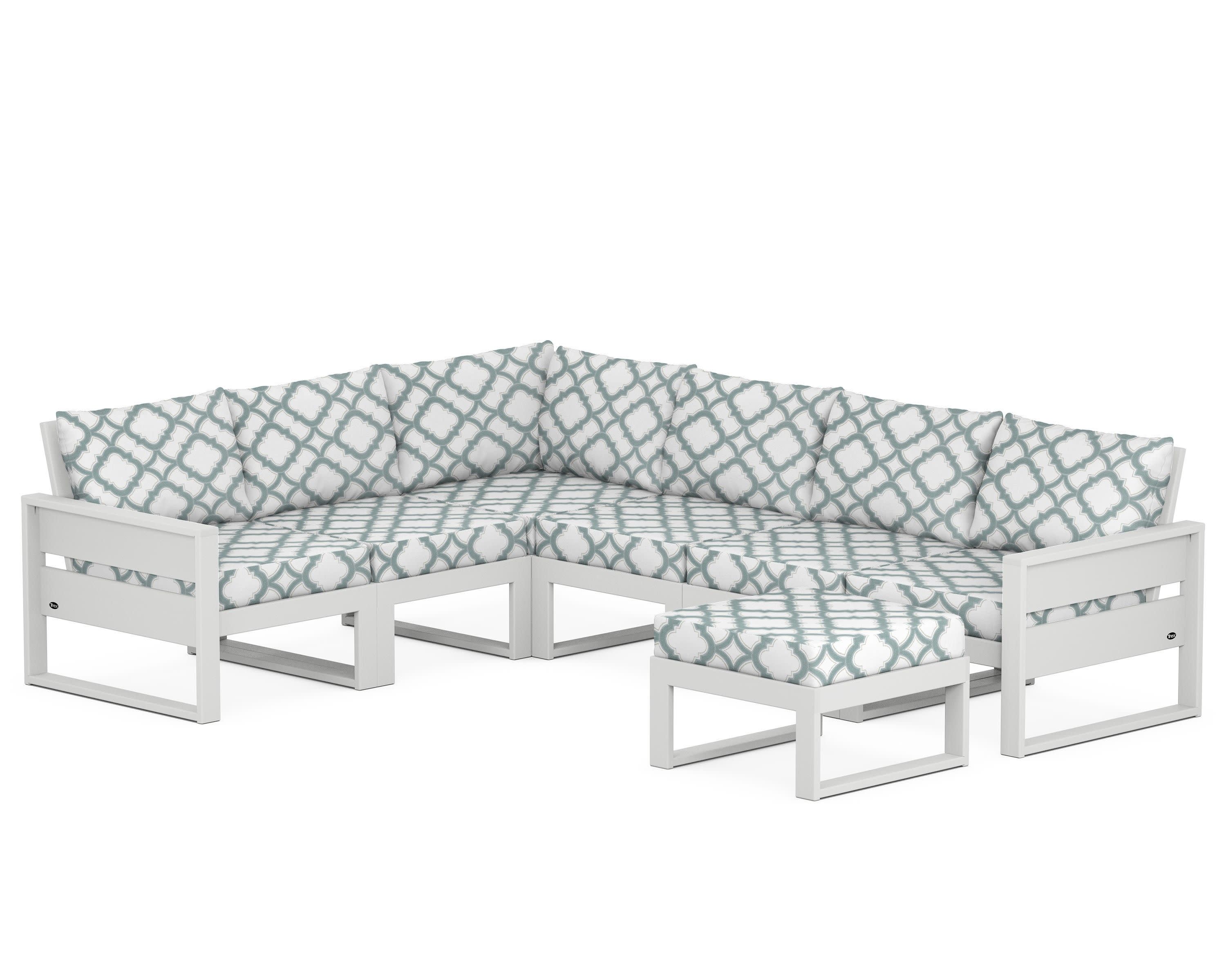 Eastport 6-Piece Sectional with Ottoman in Classic White / Trellis Glacier Spa