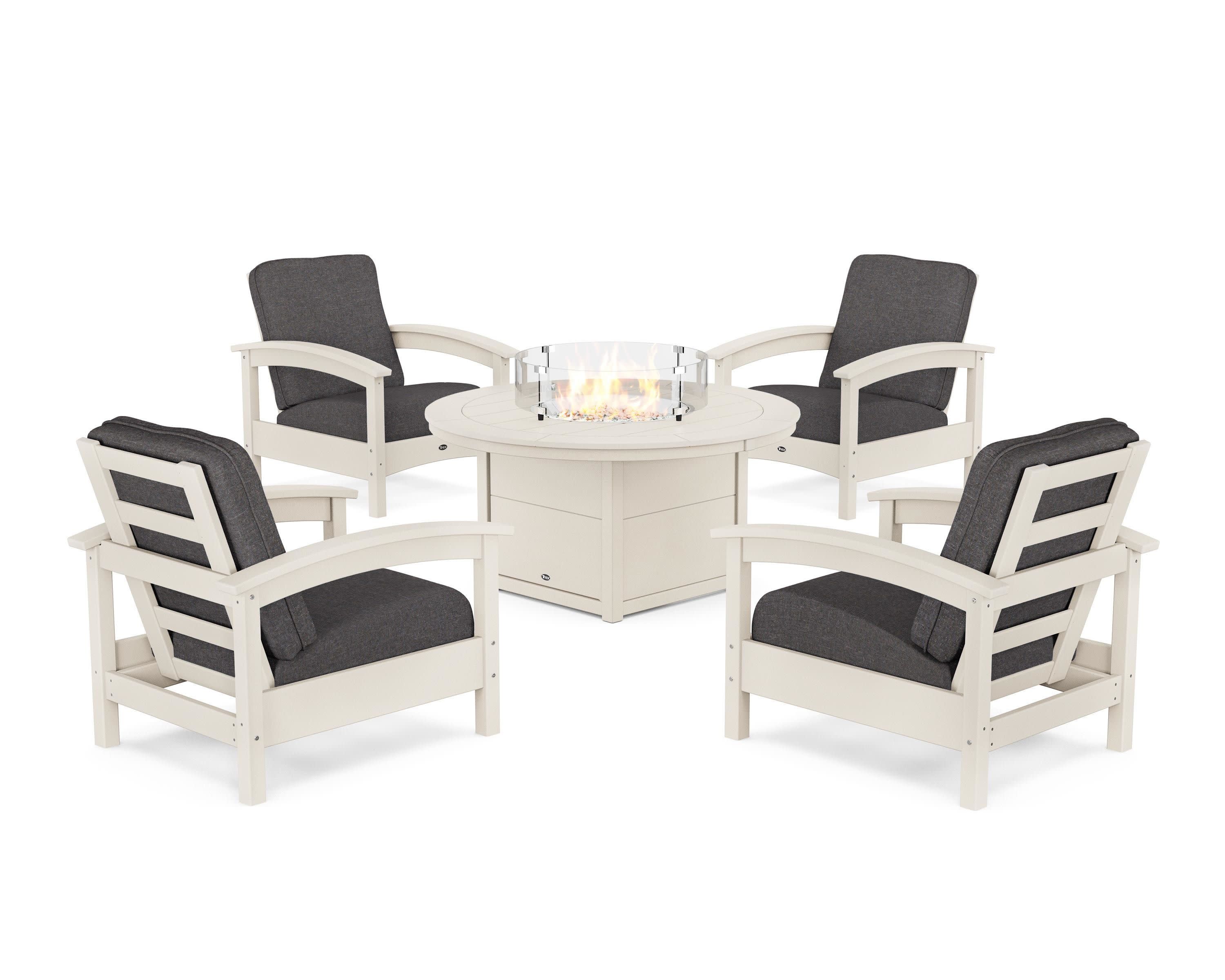 Rockport 5-Piece Deep Seating Set with Round Fire Pit Table in Sand Castle / Ash Charcoal