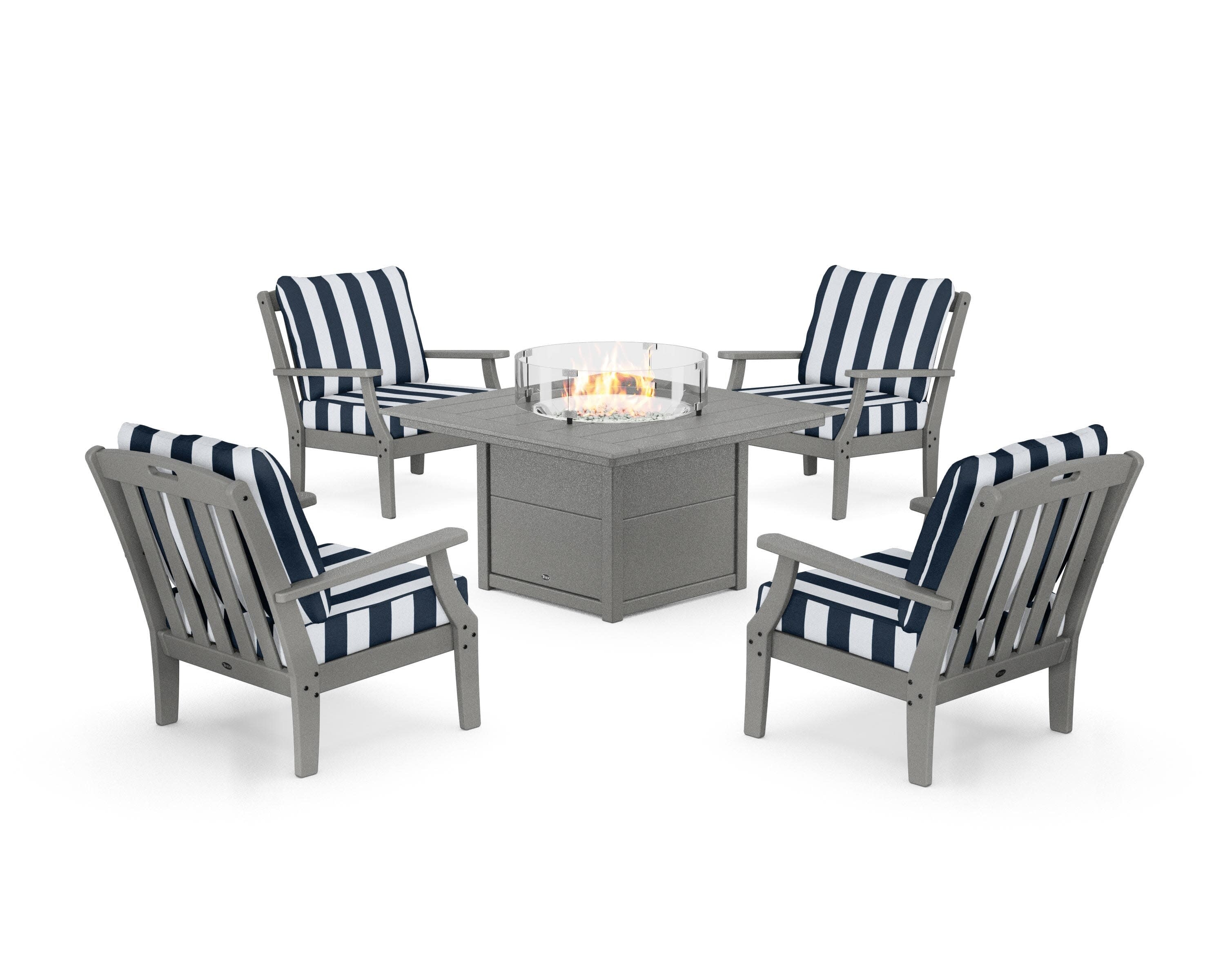 Yacht Club 5-Piece Deep Seating Set with Square Fire Pit Table in Stepping Stone / Cabana Stripe Marine Indigo