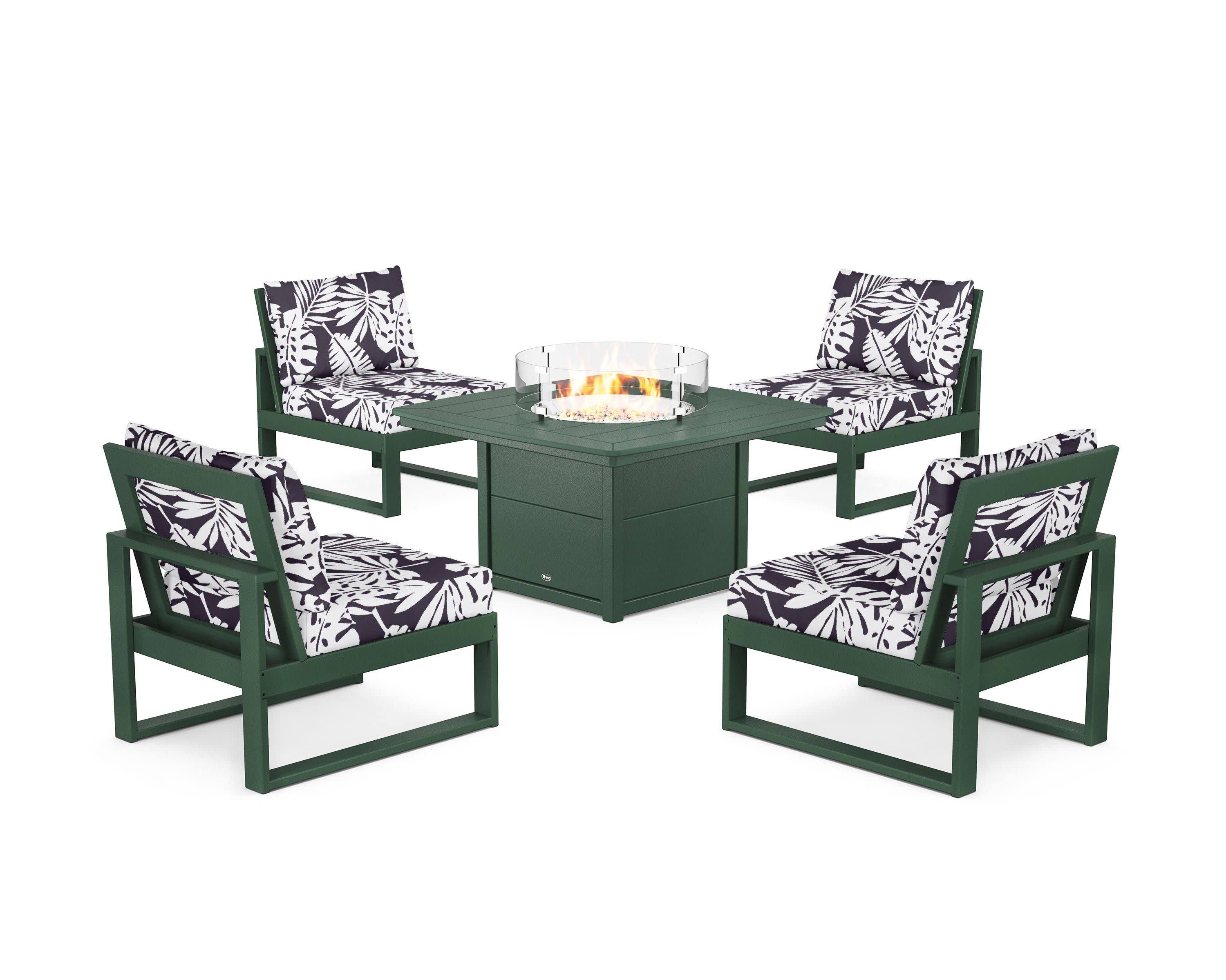 Eastport Modular 5-Piece Deep Seating Set with Yacht Club Fire Pit Table in Rainforest Canopy / Leaf Navy