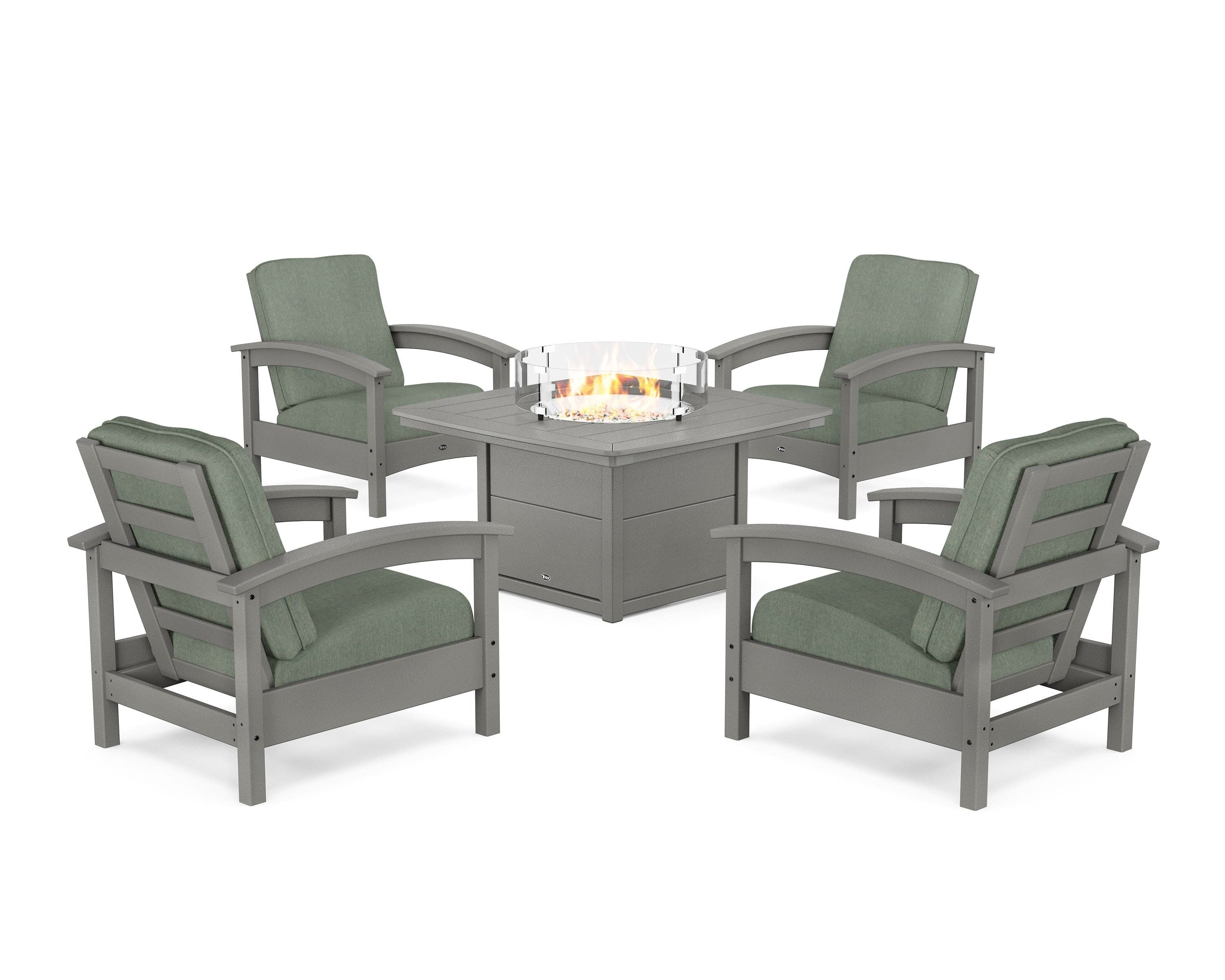 Rockport 5-Piece Deep Seating Set with Yacht Club Fire Pit Table in Stepping Stone / Cast Sage