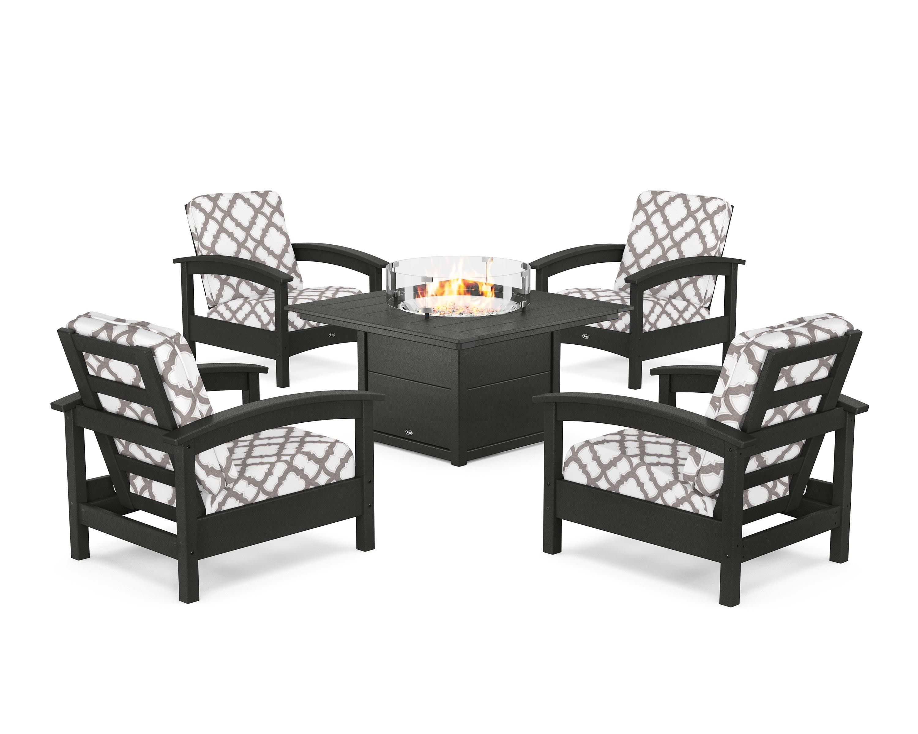 Rockport 5-Piece Deep Seating Set with Square Fire Pit Table in Charcoal Black / Trellis Grey Mist