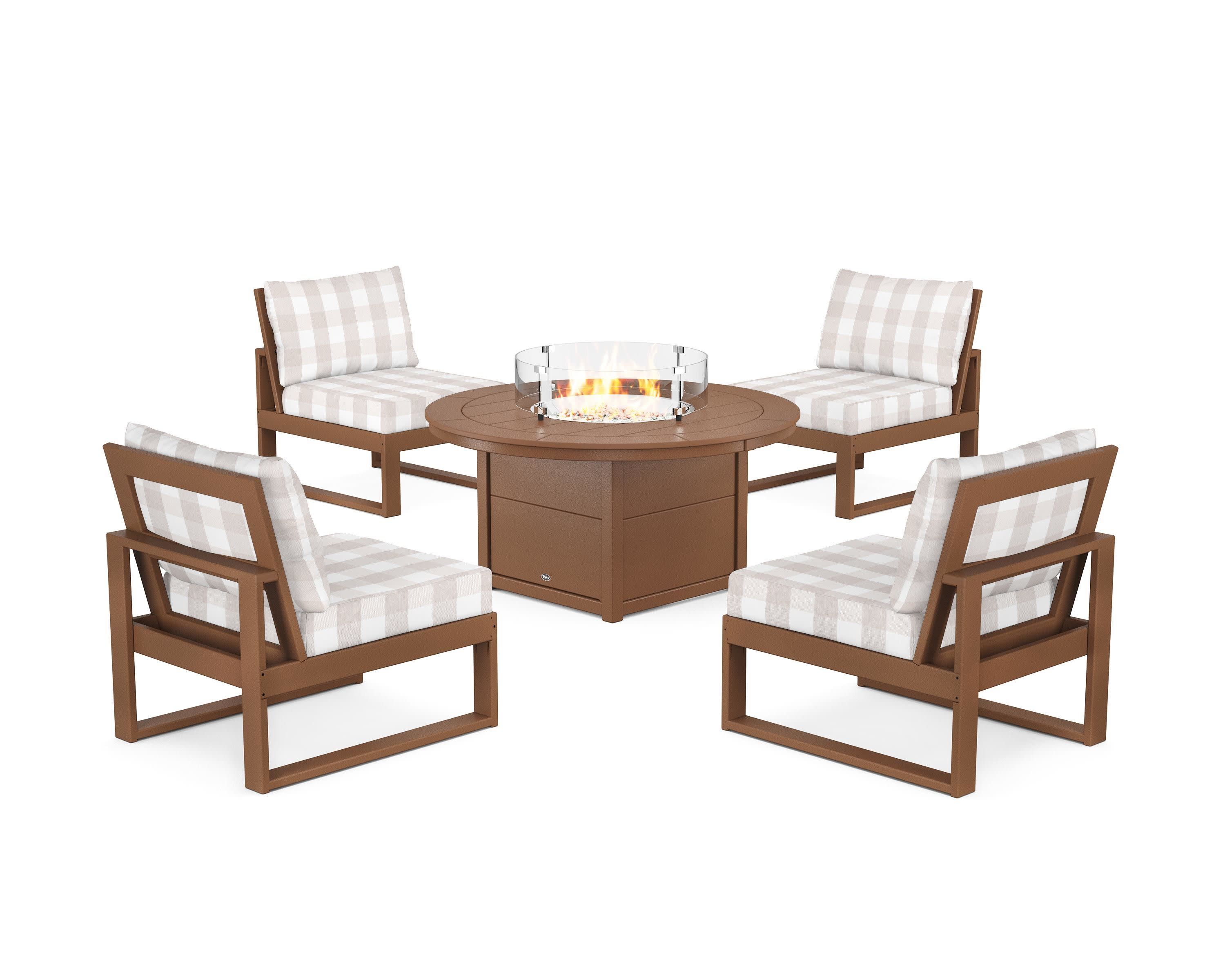 Eastport Modular 5-Piece Deep Seating Set with Round Fire Pit Table in Tree House / Buffalo Plaid Dune Burlap