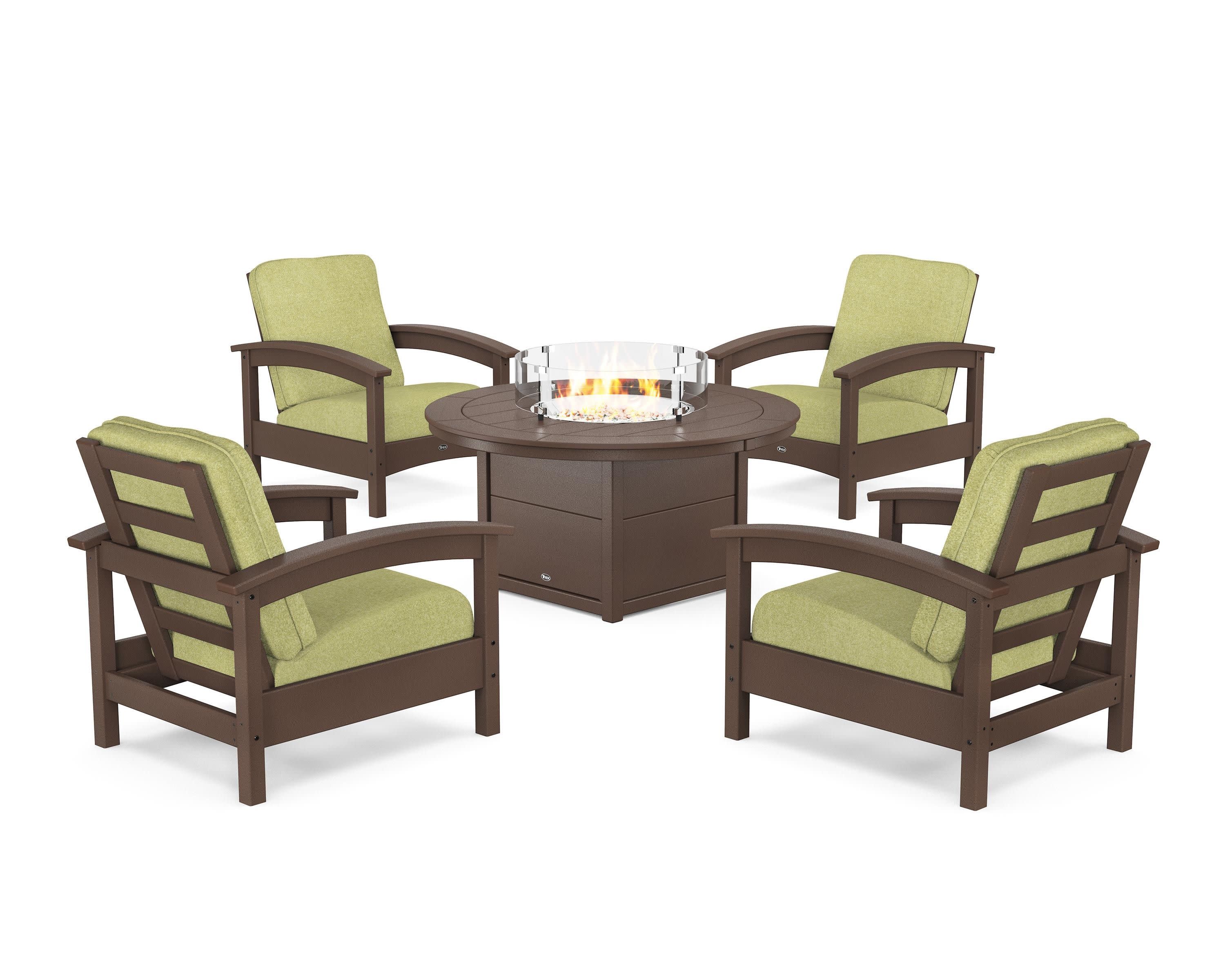 Rockport 5-Piece Deep Seating Set with Round Fire Pit Table in Vintage Lantern / Chartreuse Boucle