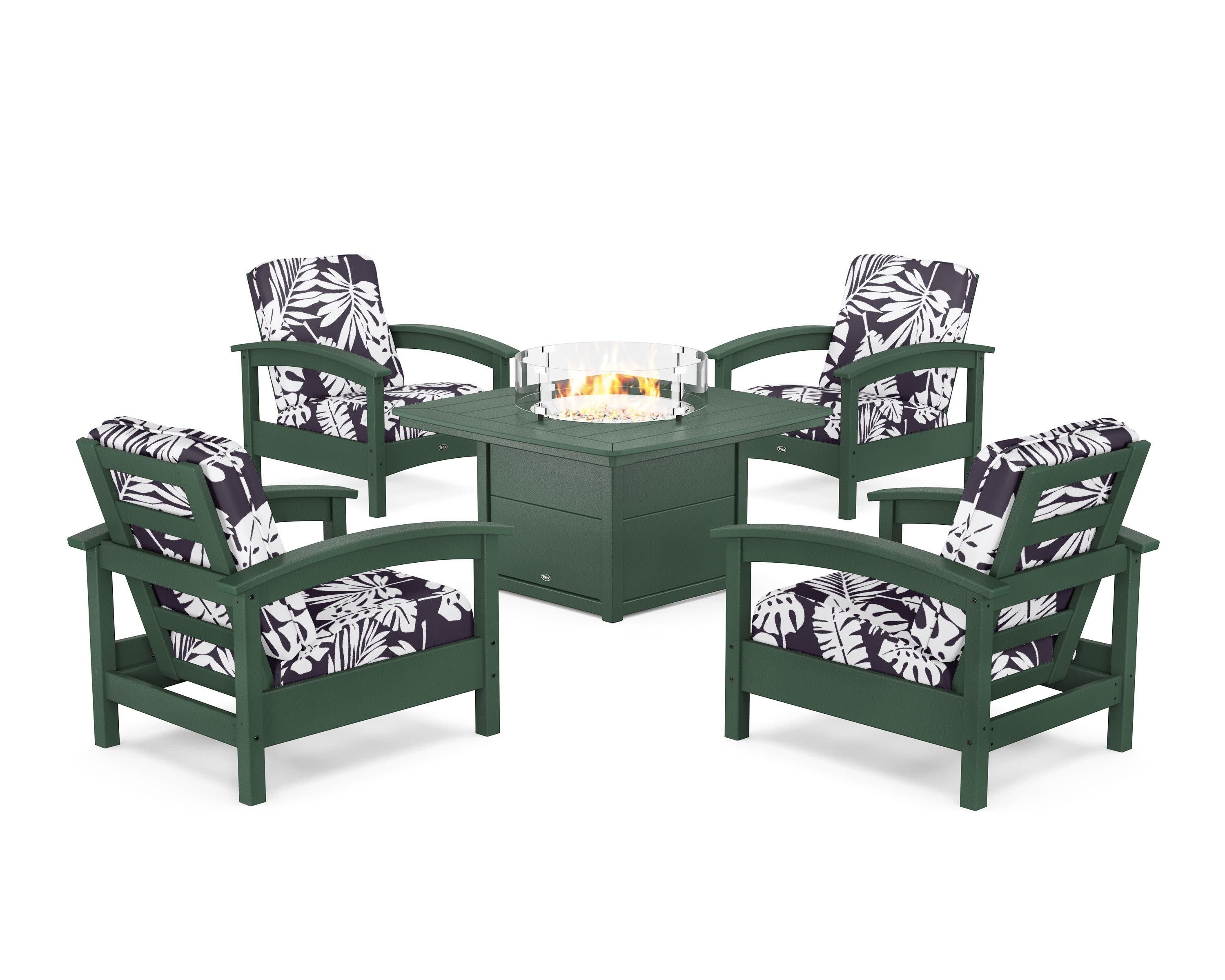 Rockport 5-Piece Deep Seating Set with Yacht Club Fire Pit Table in Rainforest Canopy / Leaf Navy