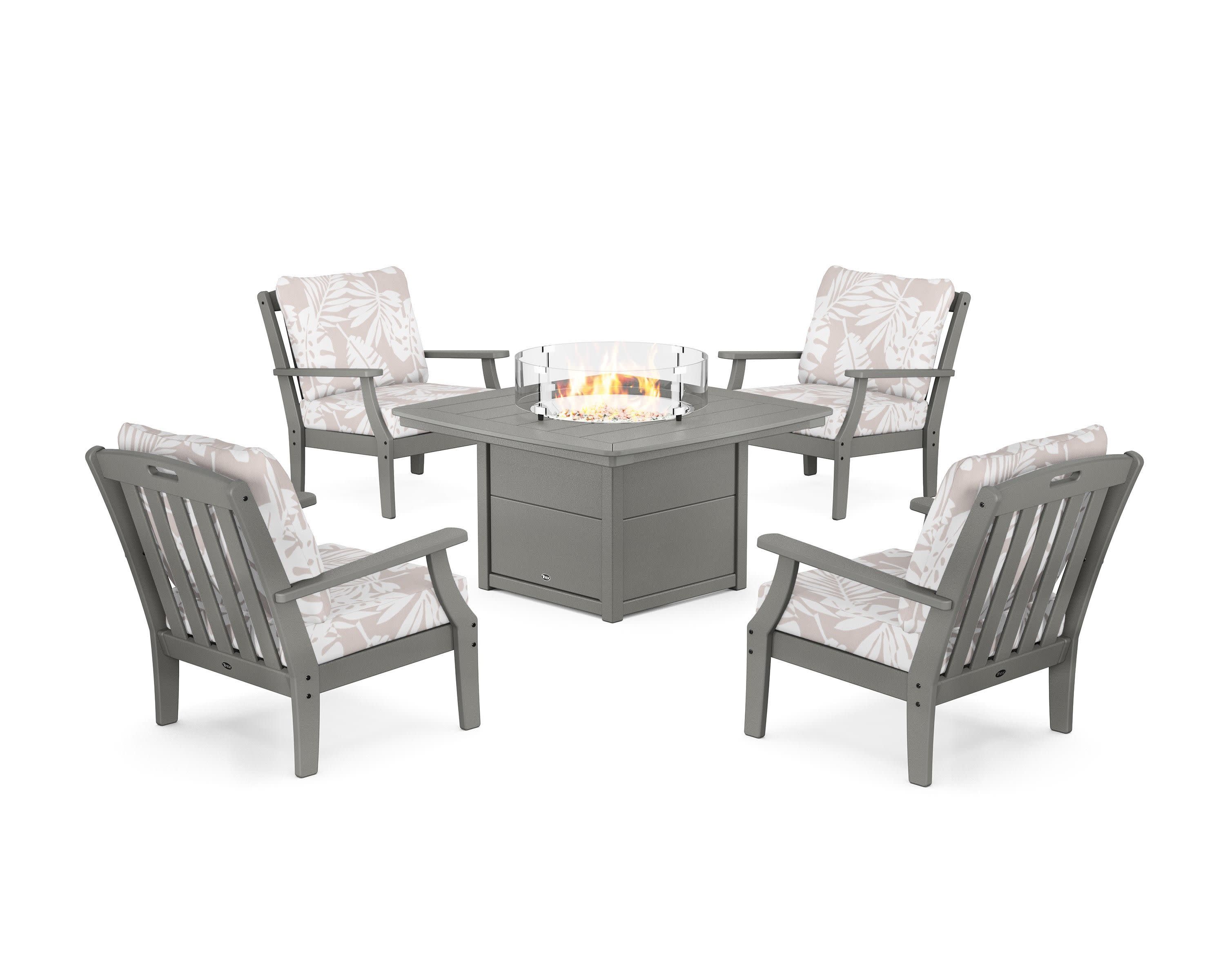 Yacht Club 5-Piece Deep Seating Set with Fire Pit Table in Stepping Stone / Leaf Dune Burlap