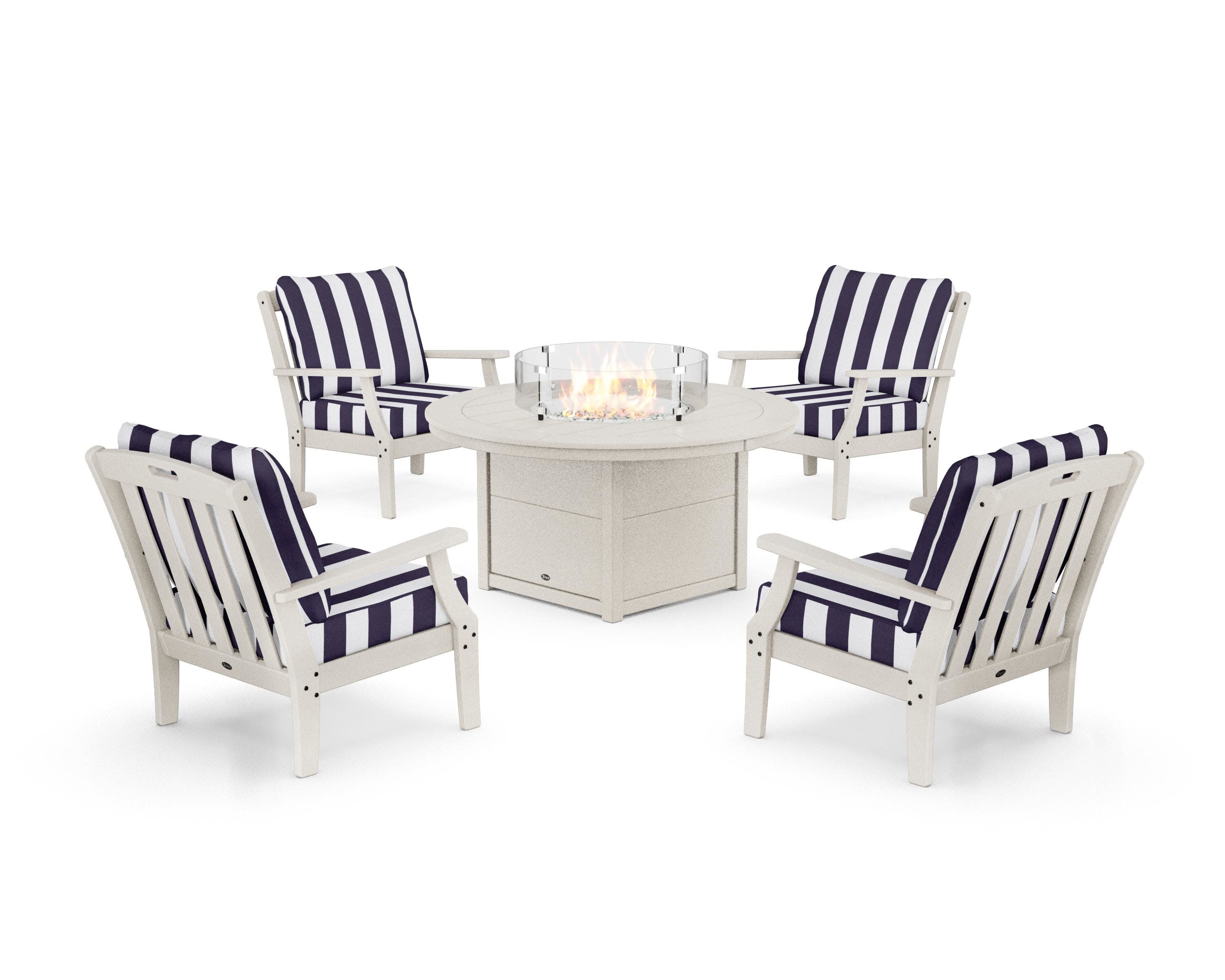 Yacht Club 5-Piece Deep Seating Set with Round Fire Pit Table in Sand Castle / Cabana Stripe Navy