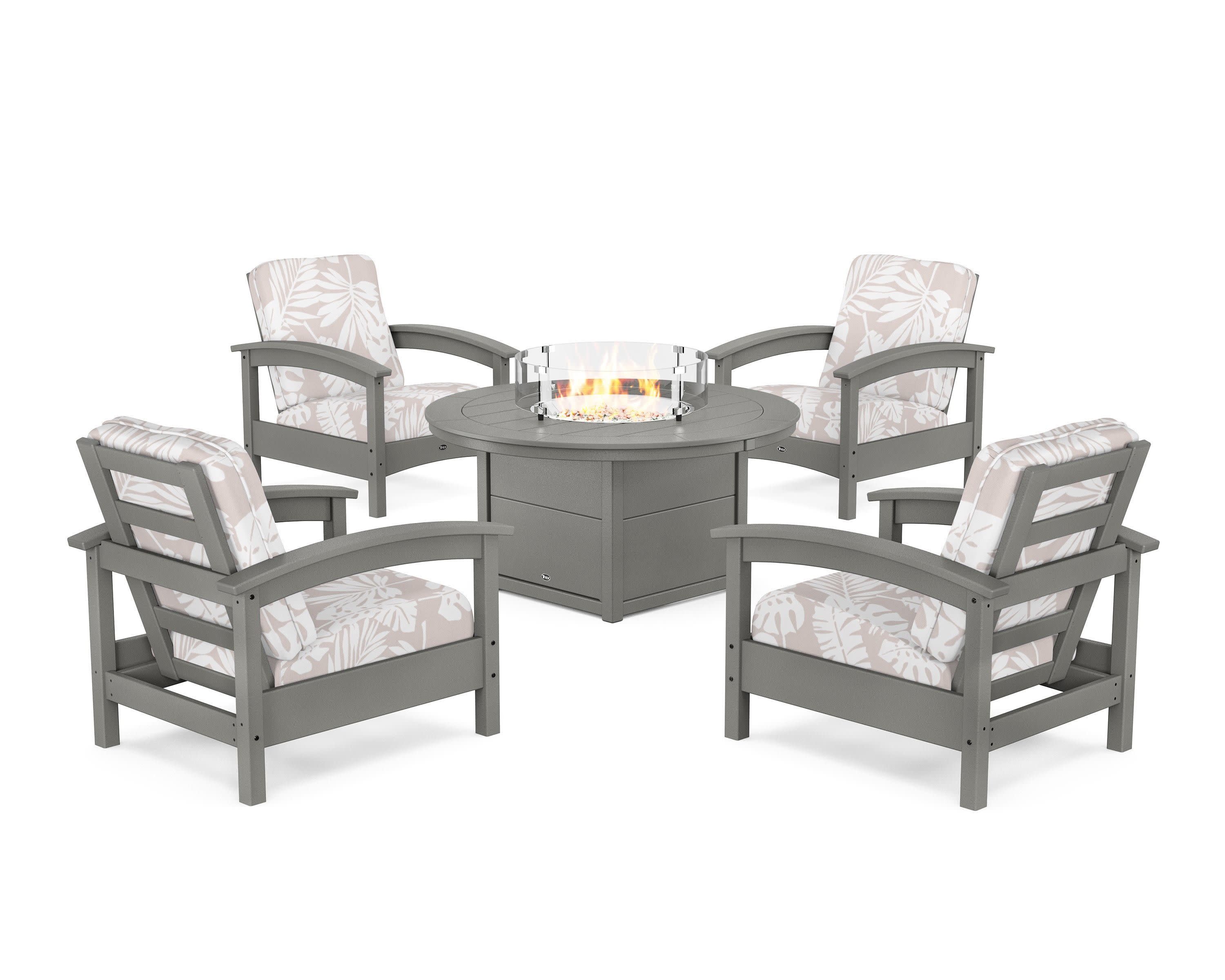 Rockport 5-Piece Deep Seating Set with Round Fire Pit Table in Stepping Stone / Leaf Dune Burlap