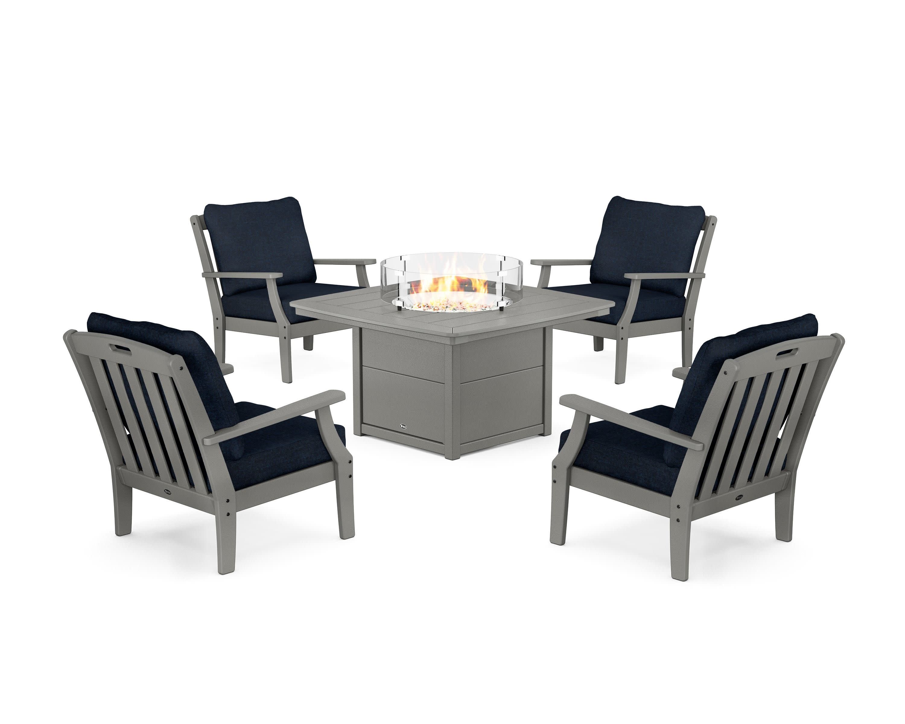 Yacht Club 5-Piece Deep Seating Set with Fire Pit Table in Stepping Stone / Marine Indigo