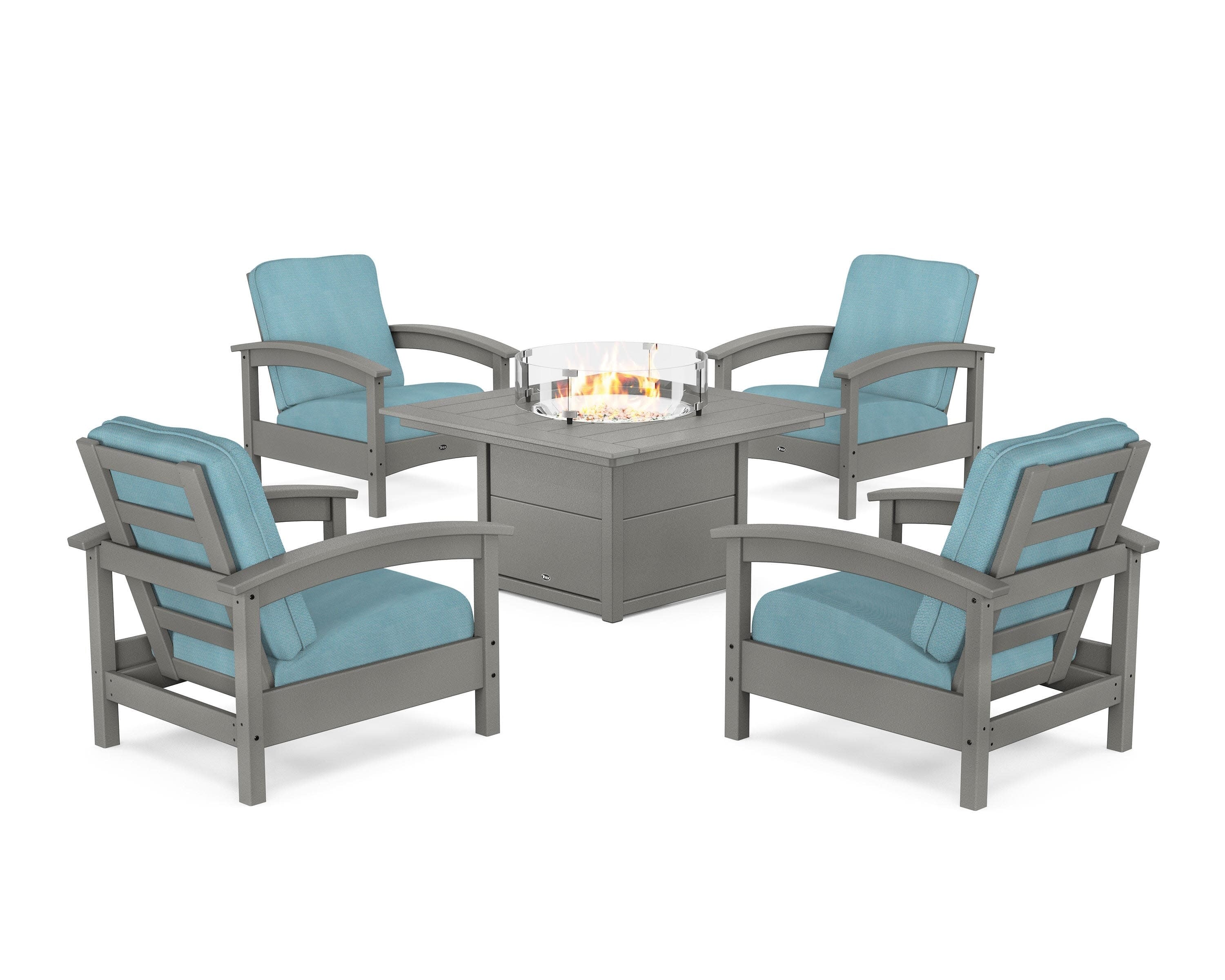 Rockport 5-Piece Deep Seating Set with Square Fire Pit Table in Stepping Stone / Lattice Sky Blue