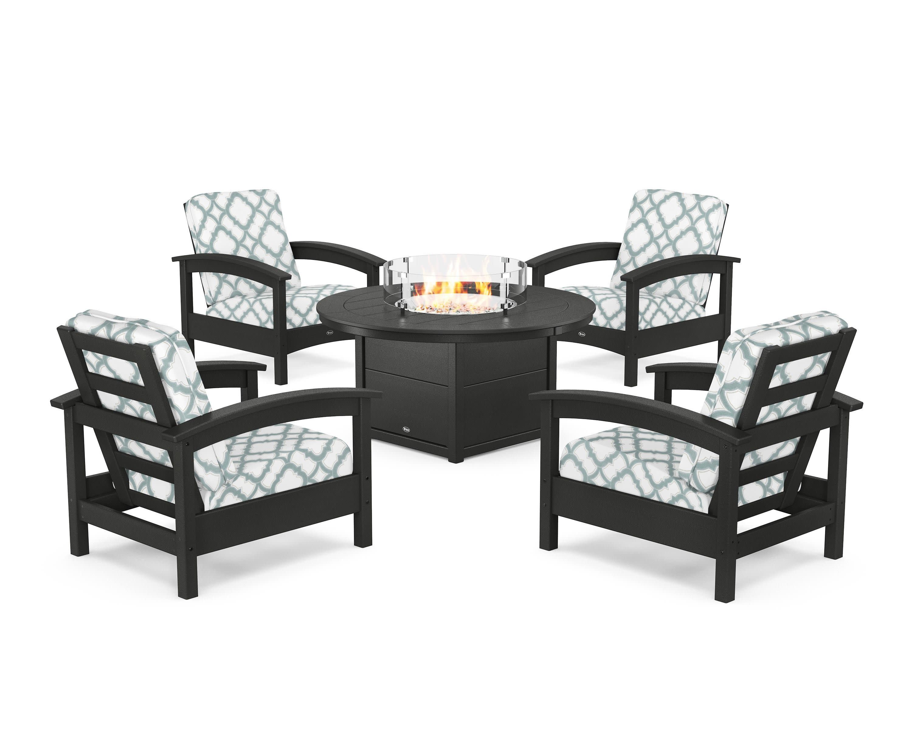 Rockport 5-Piece Deep Seating Set with Round Fire Pit Table in Charcoal Black / Trellis Glacier Spa