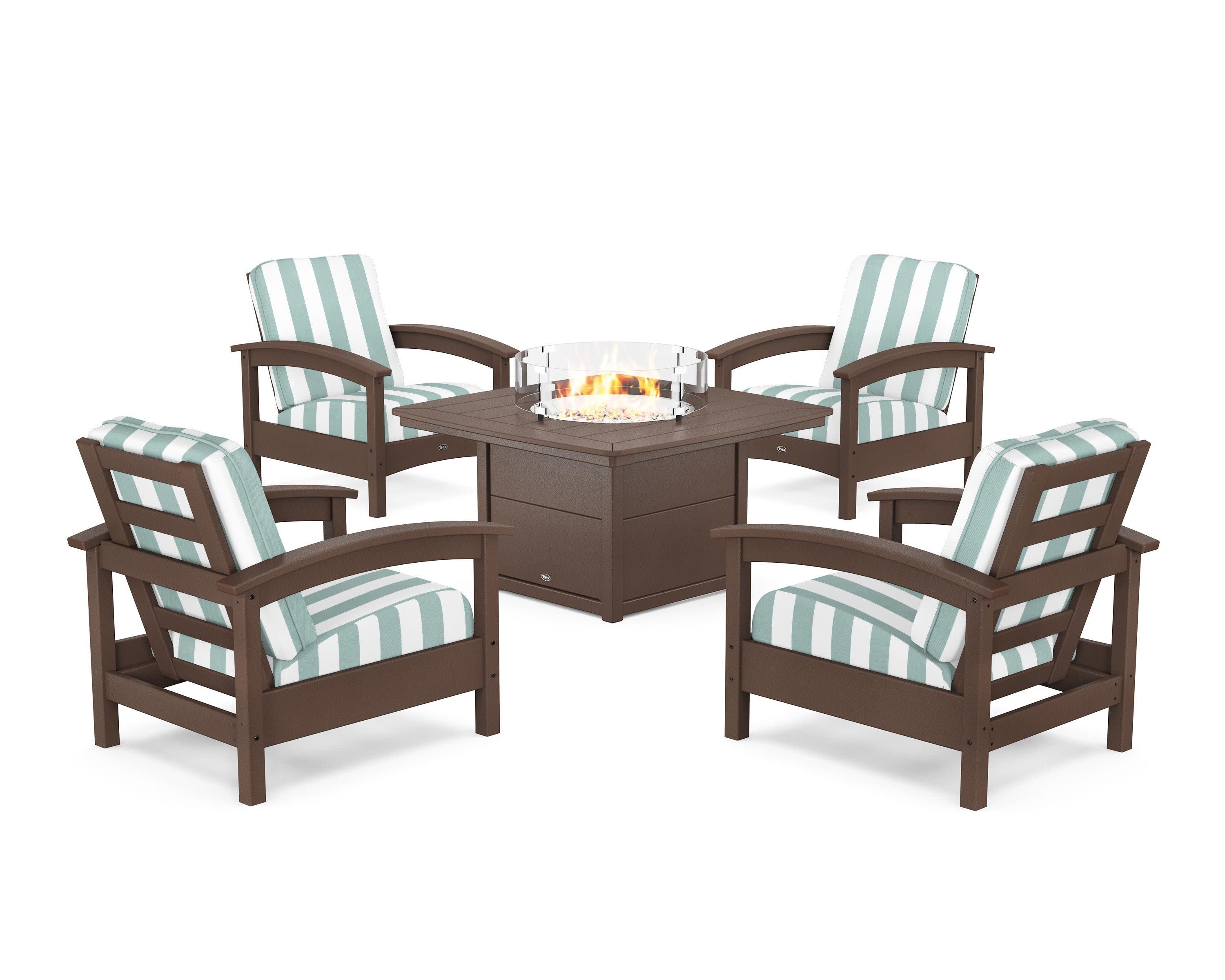 Rockport 5-Piece Deep Seating Set with Yacht Club Fire Pit Table in Vintage Lantern / Cabana Stripe Glacier Spa