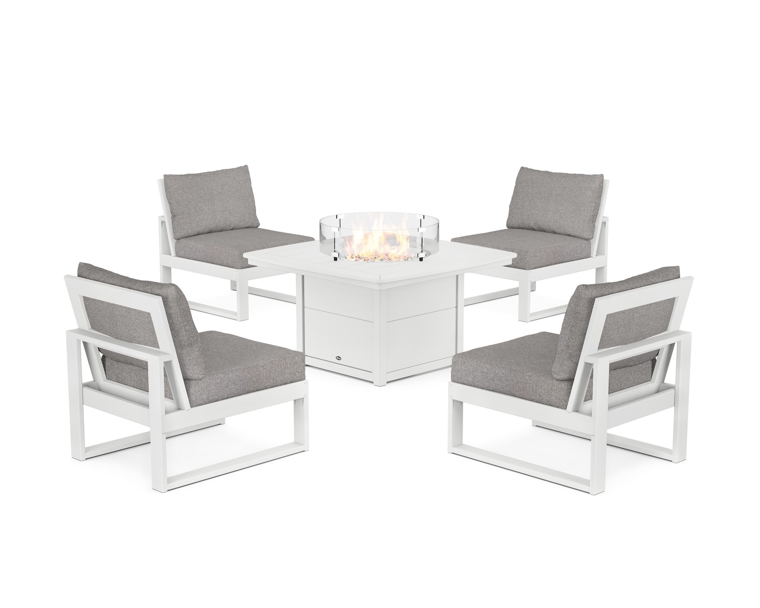 Eastport Modular 5-Piece Deep Seating Set with Yacht Club Fire Pit Table in Classic White / Grey Mist