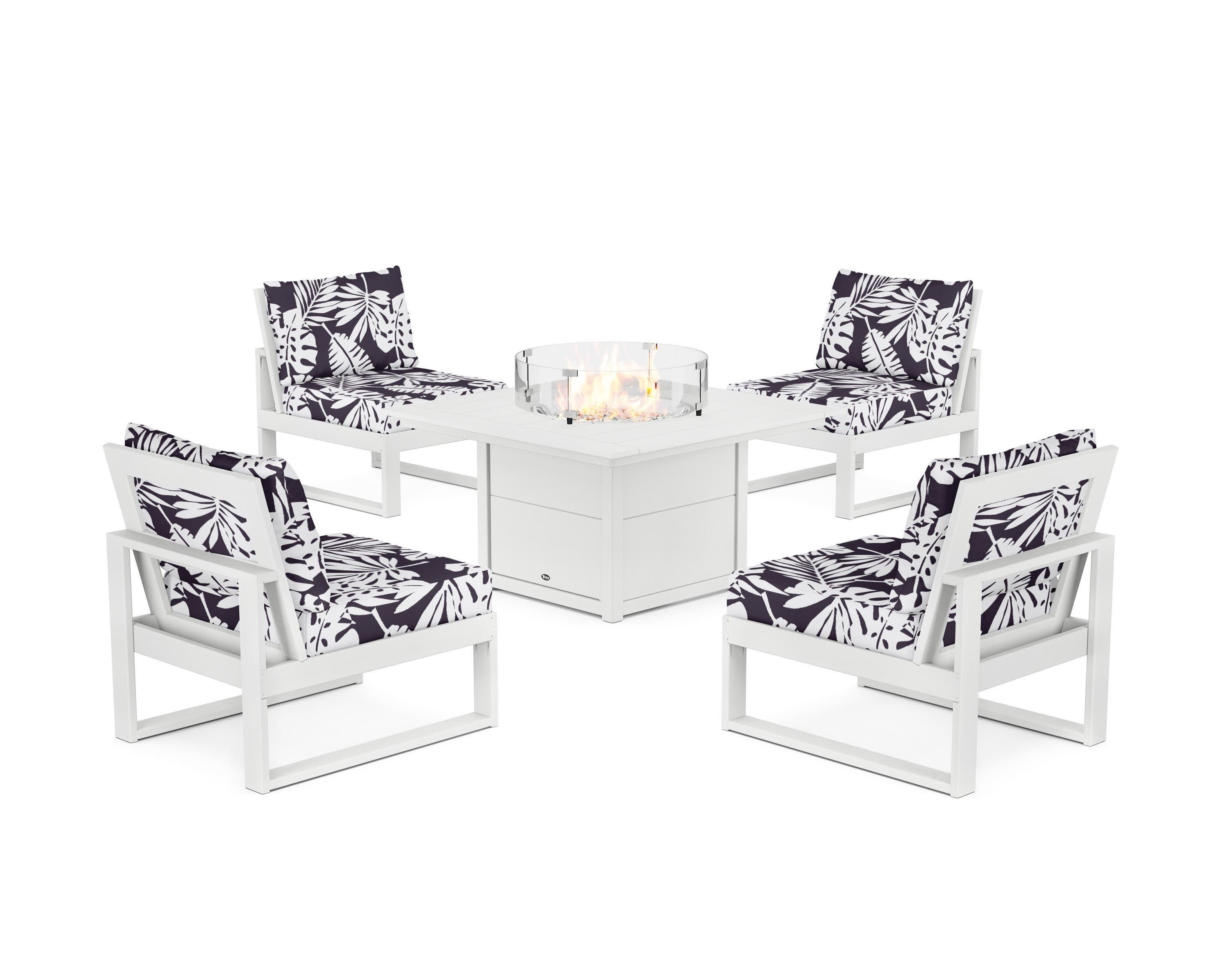 Eastport Modular 5-Piece Deep Seating Set with Square Fire Pit Table in Classic White / Leaf Navy