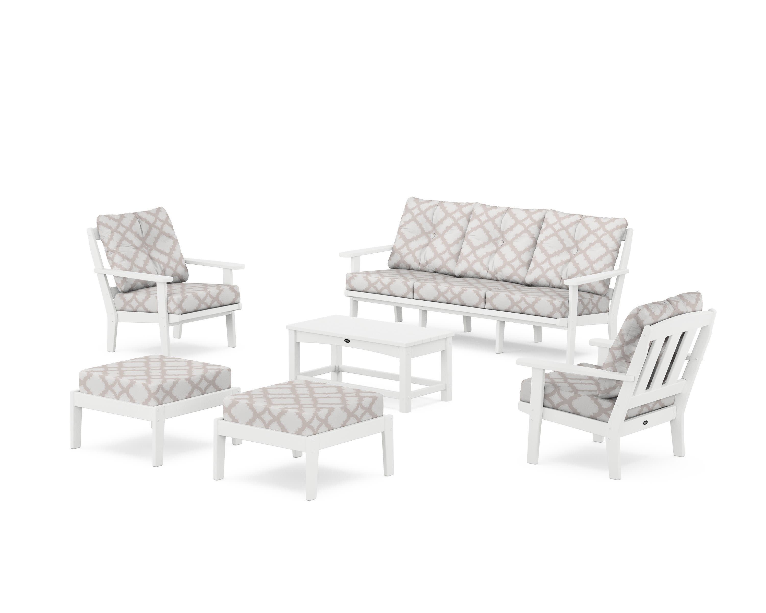 Cape Cod 6-Piece Lounge Sofa Set in Classic White / Trellis Dune Burlap