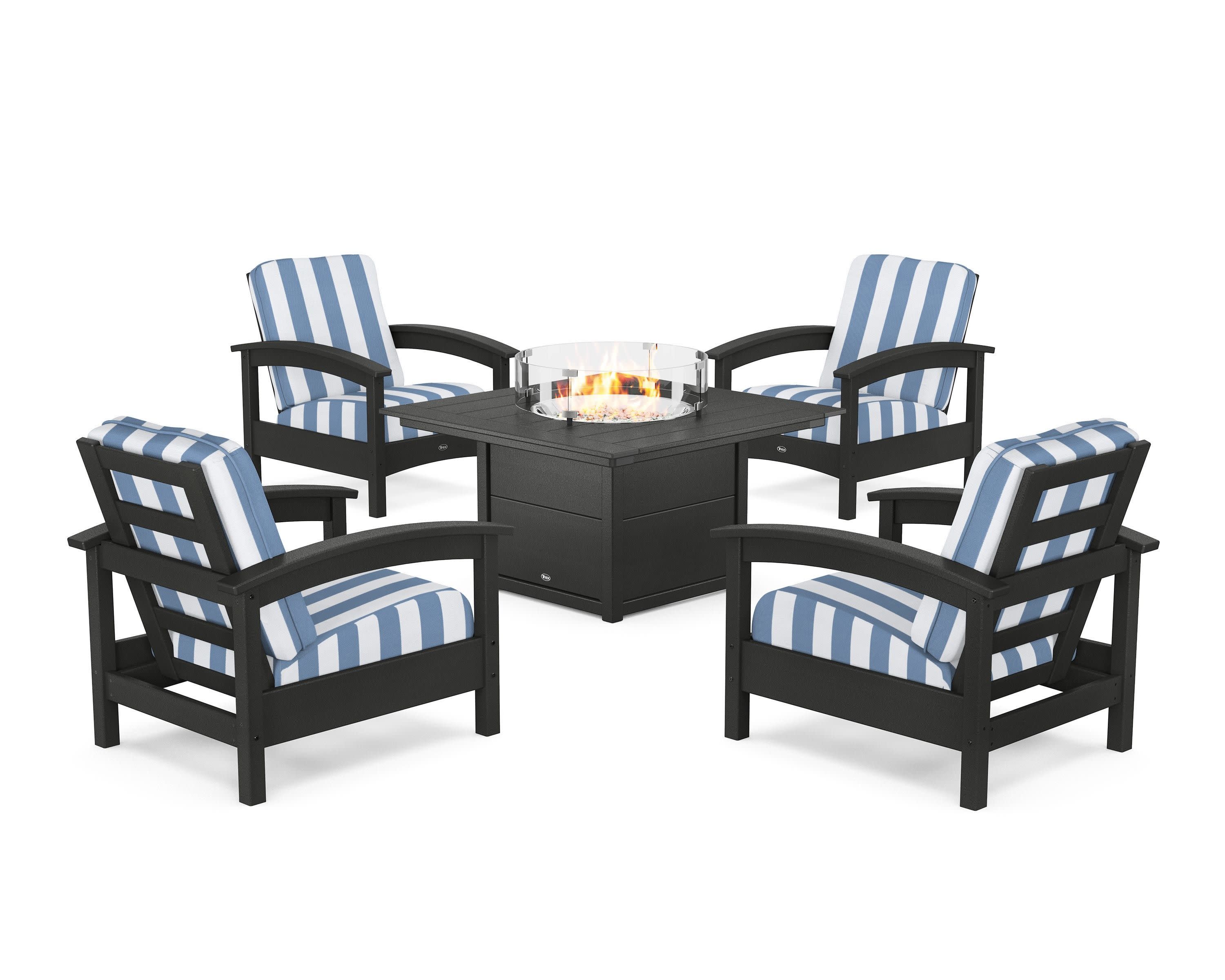 Rockport 5-Piece Deep Seating Set with Square Fire Pit Table in Charcoal Black / Cabana Stripe Sky Blue