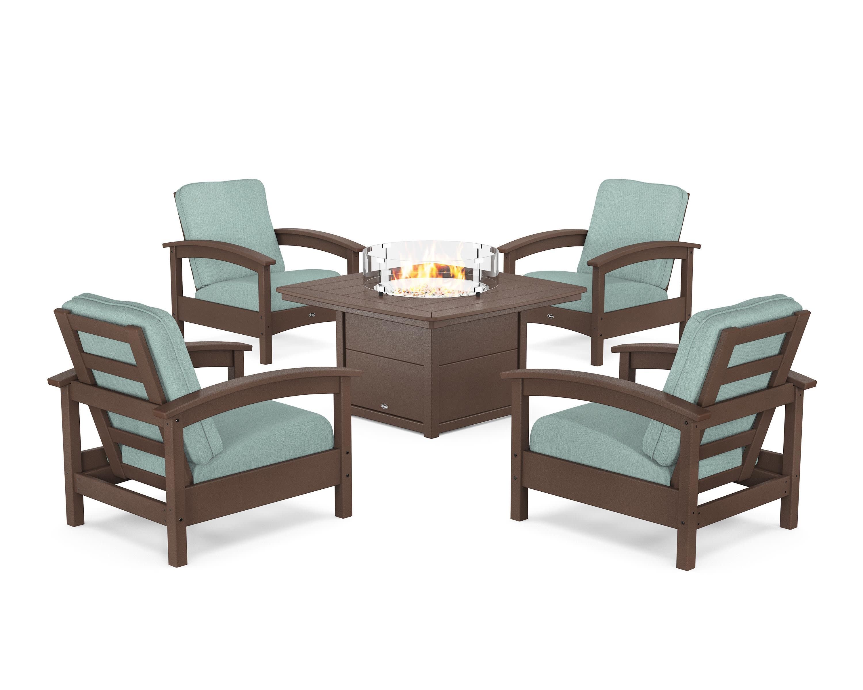Rockport 5-Piece Deep Seating Set with Yacht Club Fire Pit Table in Vintage Lantern / Glacier Spa