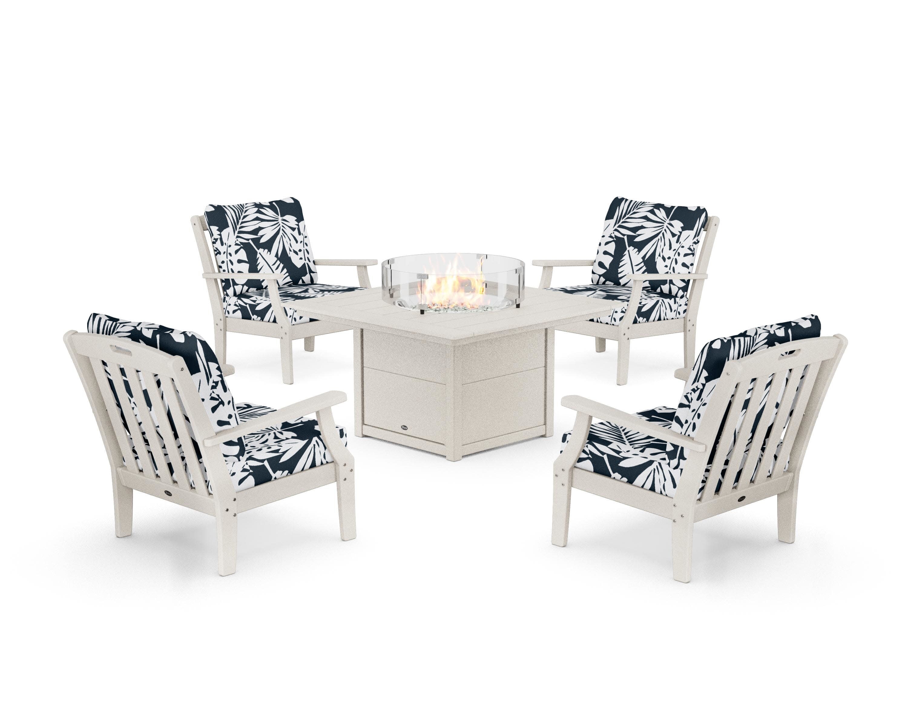 Yacht Club 5-Piece Deep Seating Set with Square Fire Pit Table in Sand Castle / Leaf Marine Indigo