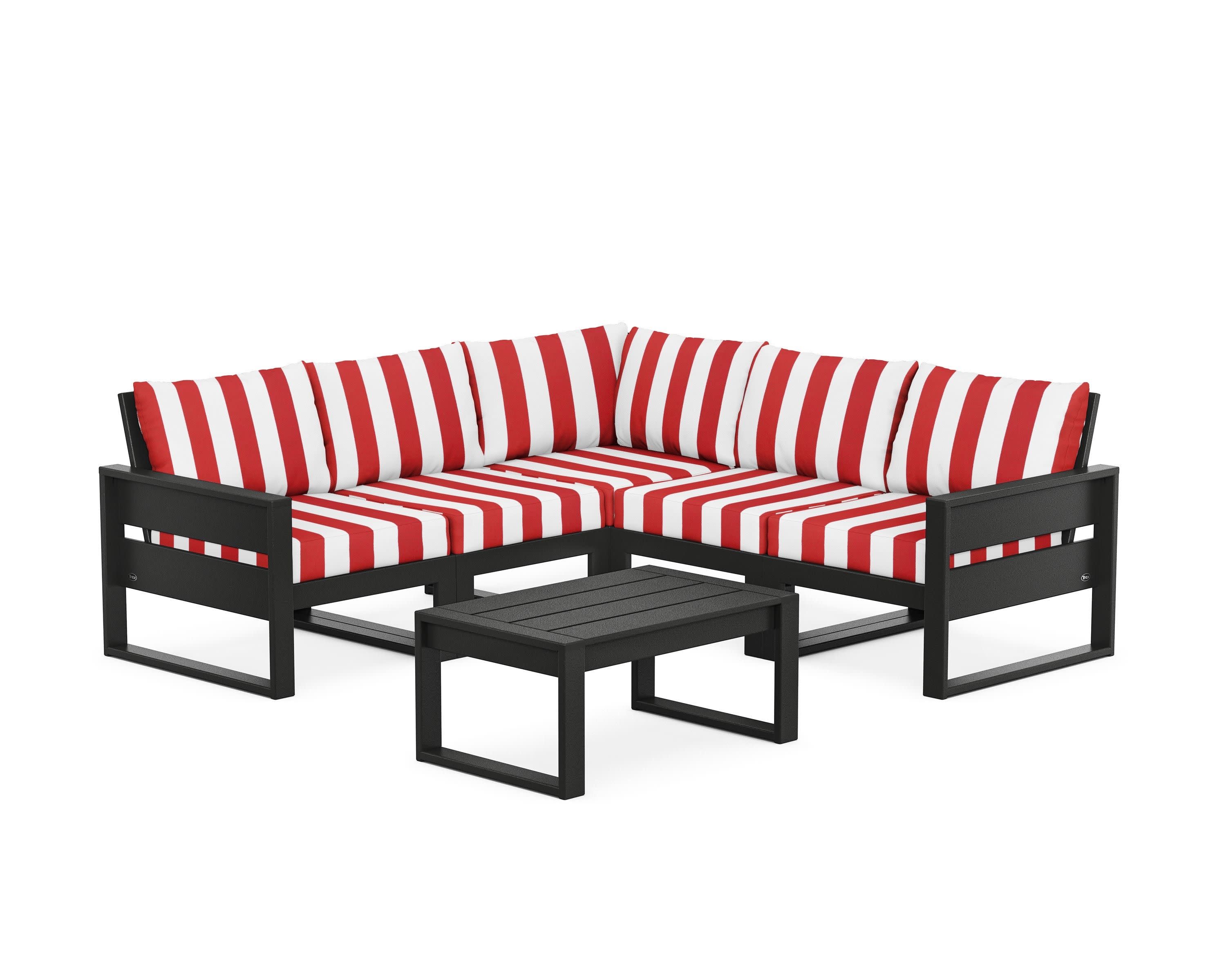 Eastport 6-Piece Deep Seating Sectional + Coffee Table Set in Charcoal Black / Cabana Stripe Crimson