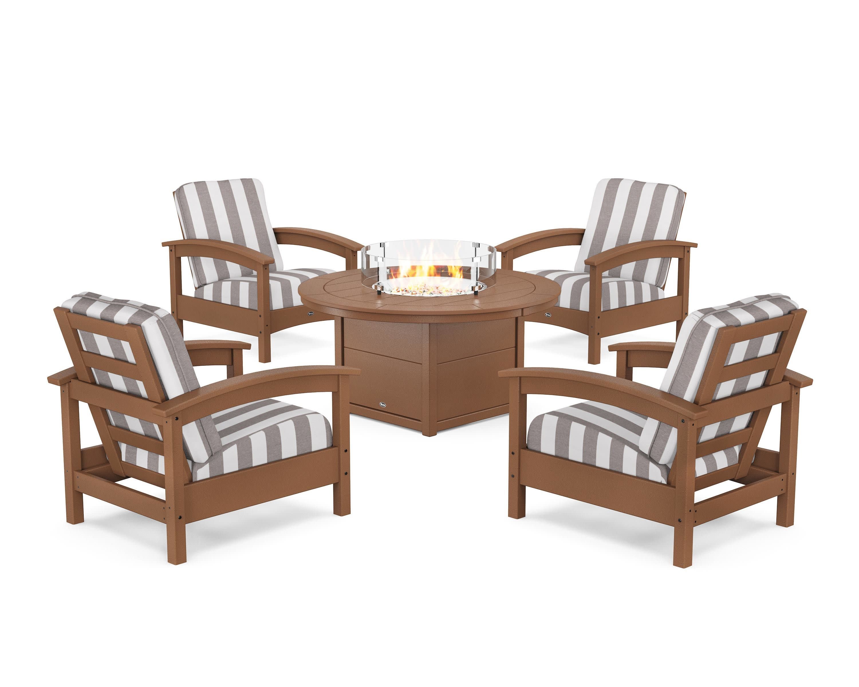 Rockport 5-Piece Deep Seating Set with Round Fire Pit Table in Tree House / Cabana Stripe Grey Mist