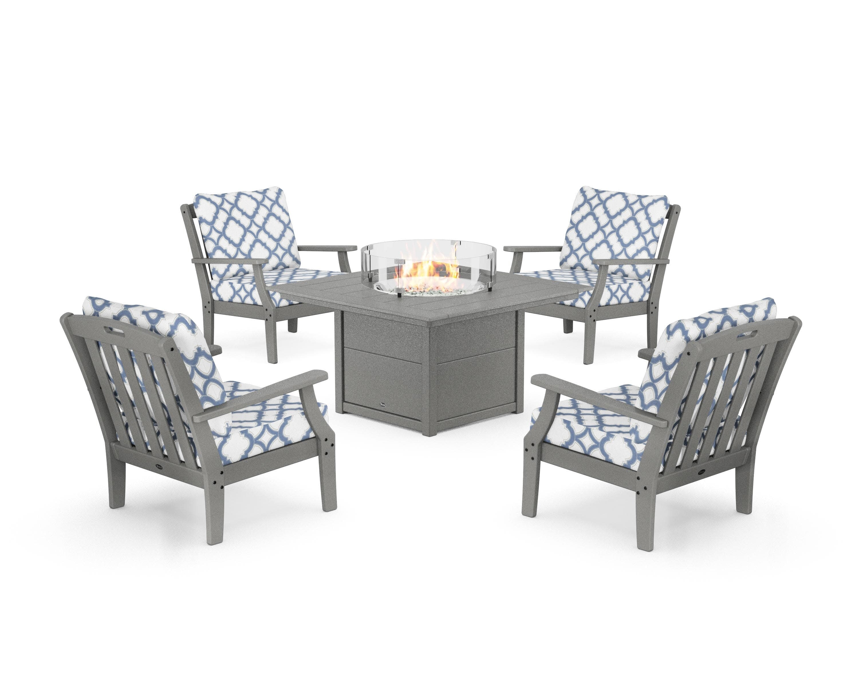 Yacht Club 5-Piece Deep Seating Set with Square Fire Pit Table in Stepping Stone / Trellis Sky Blue